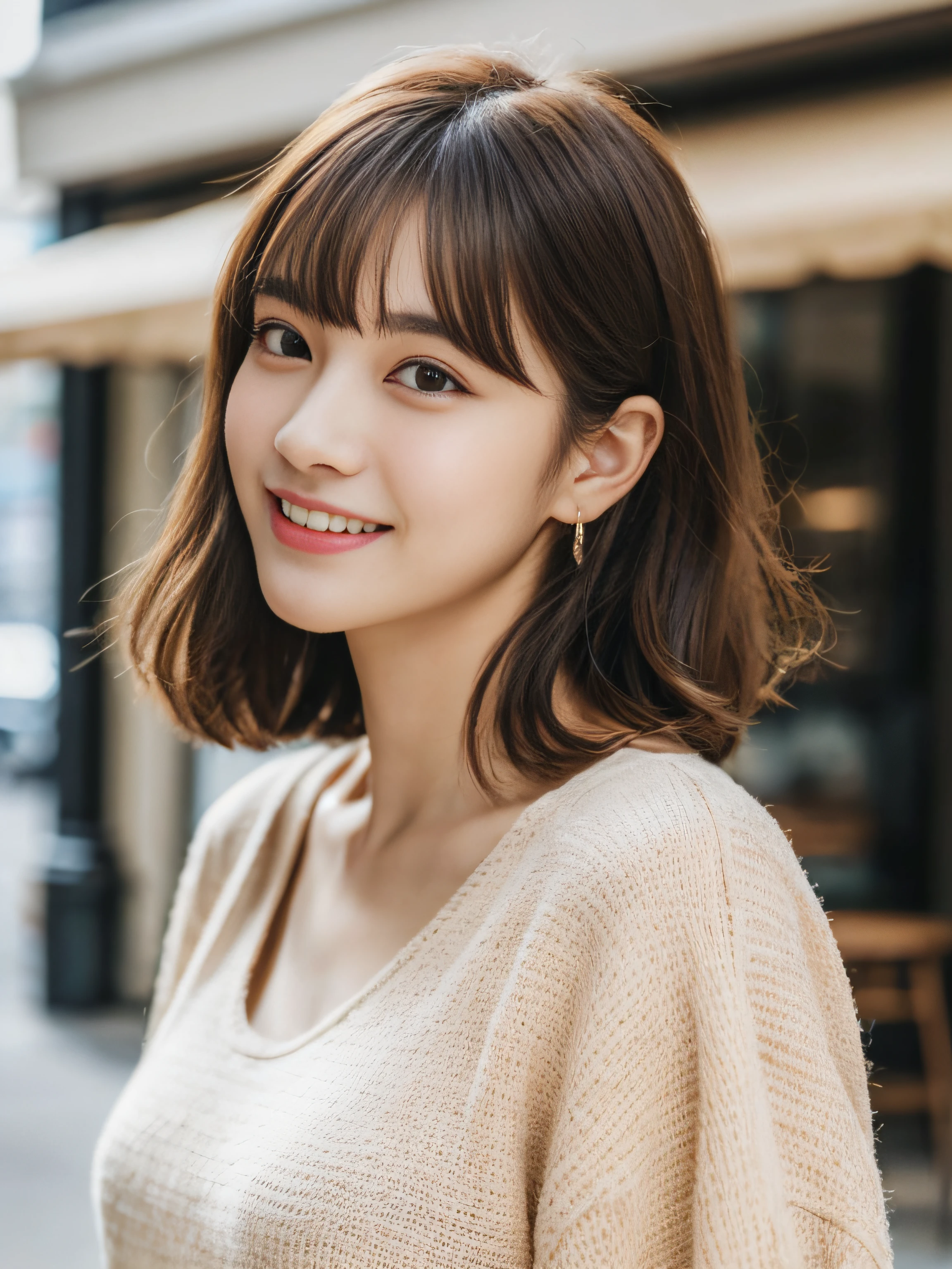 (8k, RAW photos, top quality, masterpiece: 1.2), ultra detailed, super resolution, (real, real photos: 1.37), portraits, high definition RAW color photos, professional photos, very detailed and beautiful, highly detailed, 8k wallpapers, amazing details, huge file size, official art, highly detailed CG Unity 8k wallpapers, highly detailed beautiful girls, highly detailed faces, Highly detailed eyes, Highly detailed skin, Highly detailed fingers, Highly detailed nose, Highly detailed detailed mouth, Perfect anatomy, Highly detailed background, Highly detailed clothing, (18:1.2), 30s, Cute girl, Famous Japan idol, Cute, Realistic Body, Petite, White skin, Radiant skin, Slim body, Handsome body, Brown hair, Short curly hair, (Blunt bangs: 1.2), smile, cute, youthful, pretty face, realistic face, delicate eyes, sagging eyes, beige shirt, skirt, earrings, camera gaze, front facing, standing, contrappost, high street, dynamic lighting, indoor