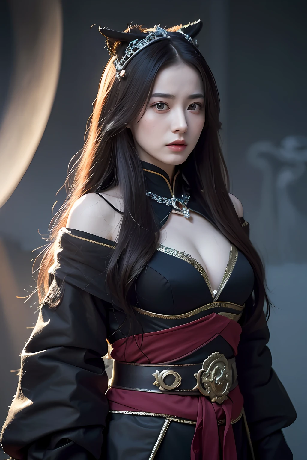 1girl, Dunhuang flying costume, messy long hair, ji jian, Dunhuang style, a lot of smoke, exquisite, elegant colors, (realistic, high detail, masterpiece, super detail, dynamic angle, mural background, ink, amazing, movie lighting, illustration, chiaroscuro, backlight, god ray, holland, best quality, masterpiece, (1girl), (LLChar), evil witch, dark energy, void, empty eyes, (extremely evil) , black magic, dark forest, negative energy, hell, void, stars, brunette hair,
