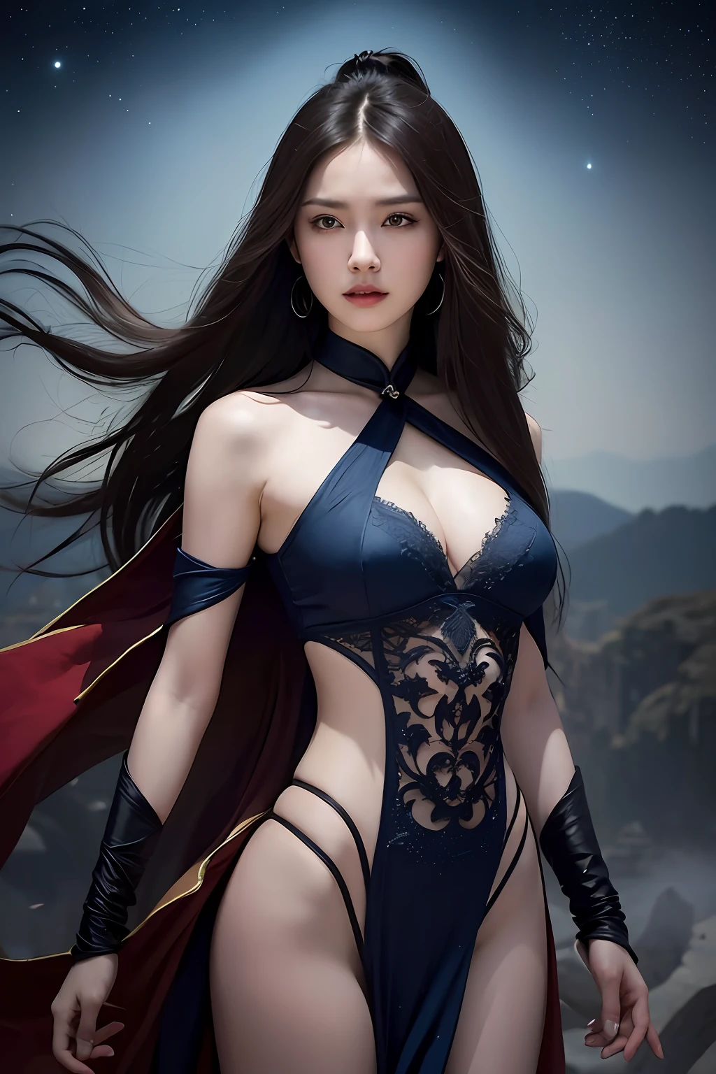 1girl, Dunhuang flying costume, messy long hair, ji jian, Dunhuang style, a lot of smoke, exquisite, elegant colors, (realistic, high detail, masterpiece, super detail, dynamic angle, mural background, ink, amazing, movie lighting, illustration, chiaroscuro, backlight, god ray, holland, best quality, masterpiece, (1girl), (LLChar), evil witch, dark energy, void, empty eyes, (extremely evil) , black magic, dark forest, negative energy, hell, void, stars, brunette hair,
