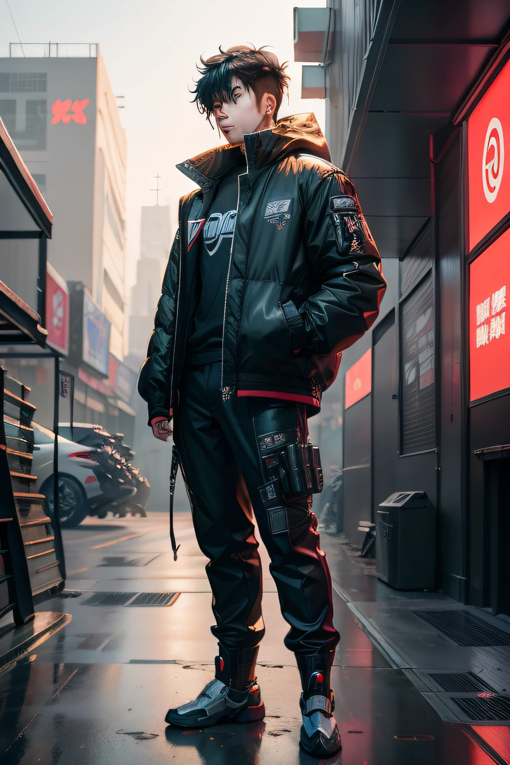 Anime boy in long pants and jacket standing next to giant robot，Guweiz style artwork，Cyberpunk anime boy mech，Trends on CGiStations，guweiz，Russell Dongjun Lu，digital cyberpunk anime art，ross tran 8 k，Guweiz on ArtStation Pixiv ，Mecha network armored boy