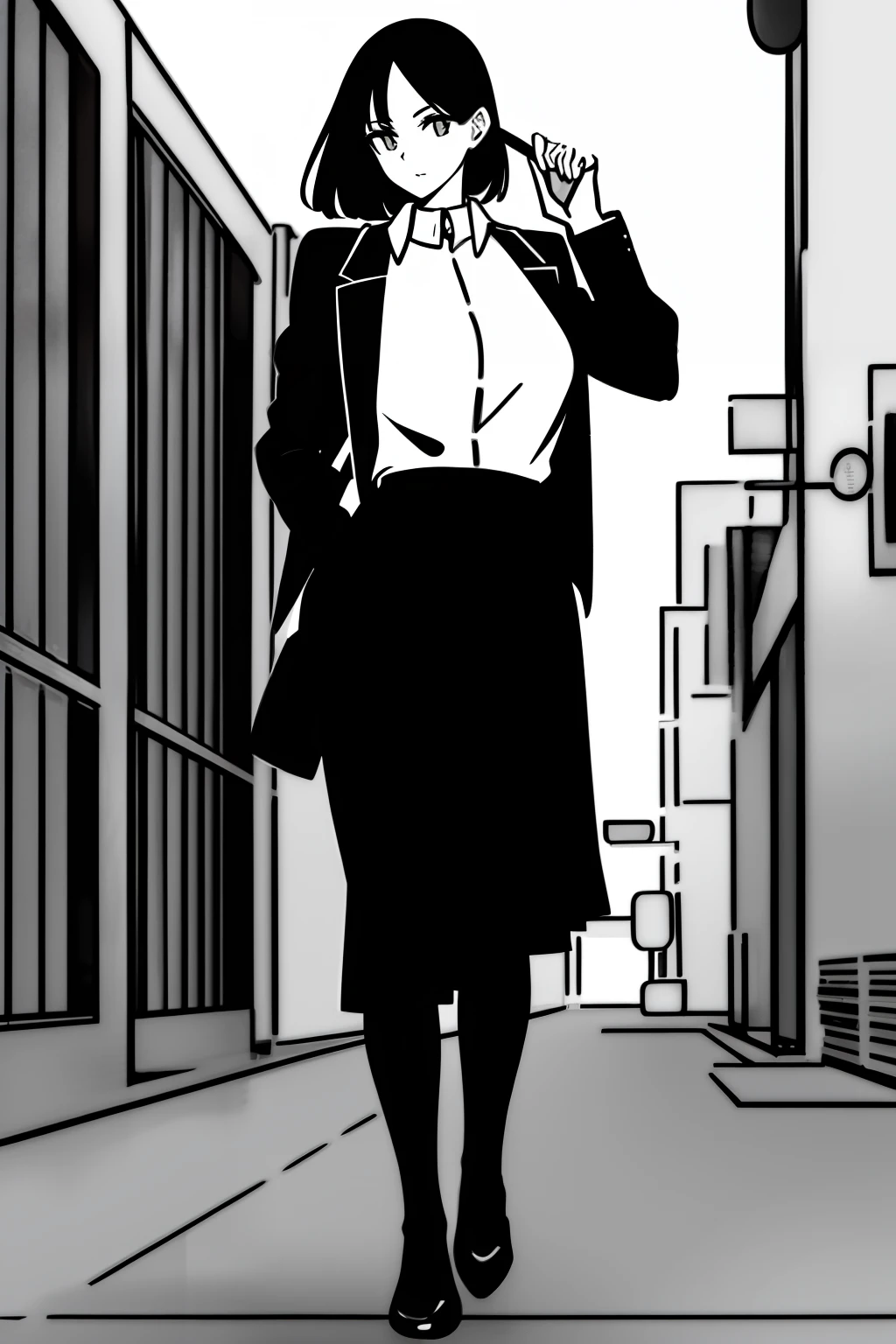 (greyscale:1.25),(monochrome:1.25),1girll,full bodyesbian,Uniform skirts,brunette color hair