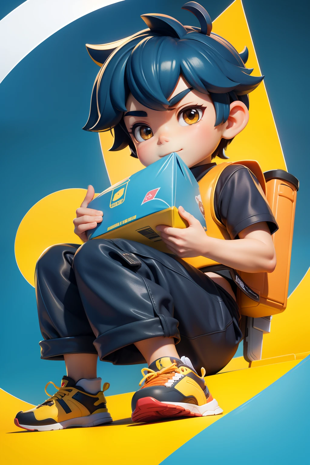 Q version of cartoon，Little boy eating takeaway，Anime art concept art, Meituan takeaway，Q version takeaway boy（3D stereoscopic）（The color scheme is dominated by the yellow color of Meituan clothing）（Cute style illustration）Cute comic book style，Anime art concept art, Official illustration[Three-dimensional feeling][Lovely wind][Card ventilation][真实感]