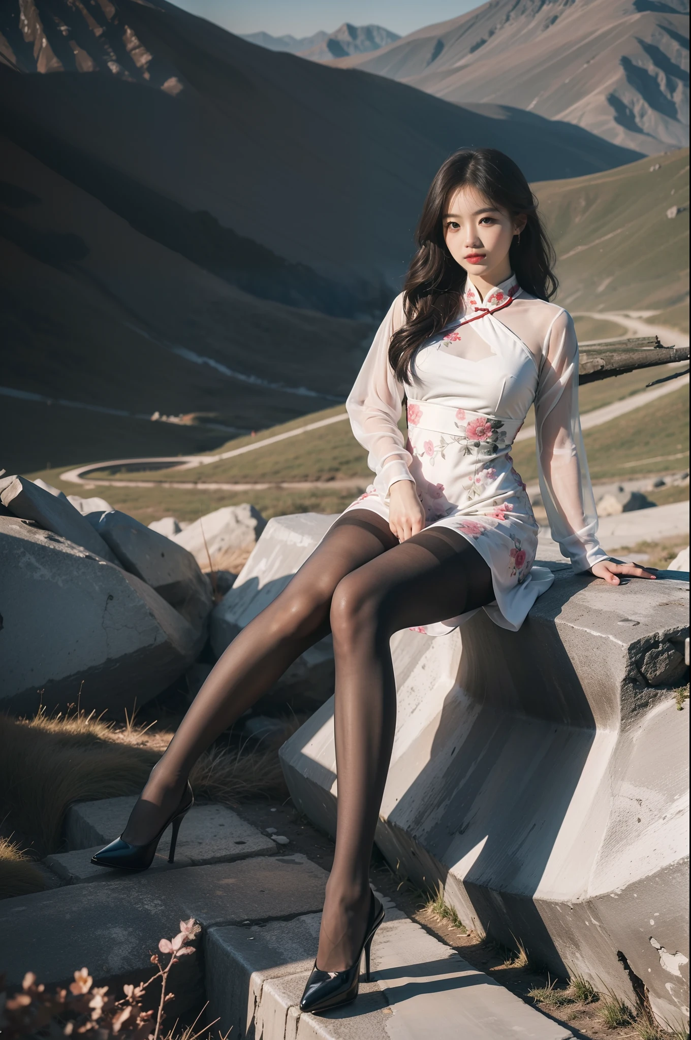 (full body:1.5)，(1girl:1.3),(view the viewer:1.4)，(anatomy correct:1.4),(Opaque pantyhose:1.3),(sitting on the top of mountain:1.2),(Wearing a Chinese style floral dress:1.2),,( girl pointed thick heels :1.1),(Accurate and perfect face:1.3),(Long legs:1.3),hyper HD, Ray traching, reflective light， structurally correct, Award-Awarded, high detail, lighten shade contrast, Face lighting ，cinematic lighting, masterpiece, super detailing, high quality, high detail, best quality, 16k，High contrast,