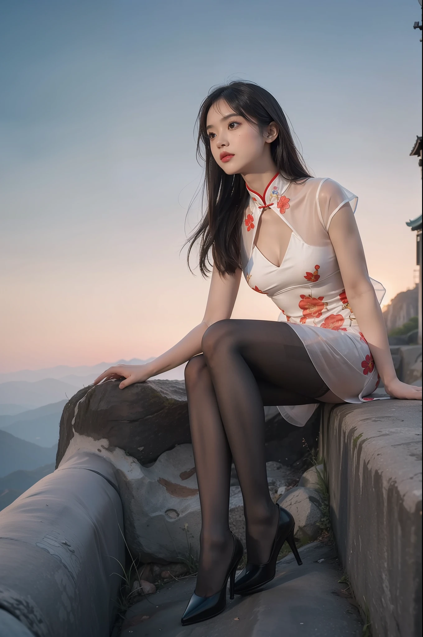 (full body:1.5),(1girl:1.3),(view the viewer:1.4),(anatomy correct:1.4),(Opaque pantyhose:1.3),(sitting on the top of mountain:1.2),(Wearing a Chinese style floral dress:1.2),,( girl pointed thick heels :1.1),(Accurate and perfect face:1.3),(Long legs:1.3),hyper HD, Ray traching, reflective light, structurally correct, Award-Awarded, high detail, lighten shade contrast, Face lighting ,cinematic lighting, masterpiece, super detailing, high quality, high detail, best quality, 16k,High contrast,