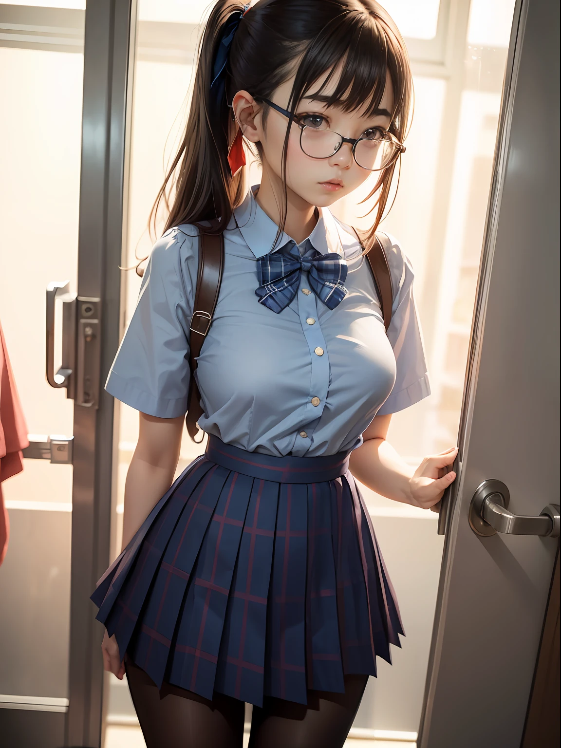 （8K、Raw photography、top-quality、​masterpiece：1.2),watching at viewers,Looking at the front,long pony tail,Bullish,Muchimuchi,Erotic,Pupils,Light Blue Bra,de pele branca,kne,(Black pantyhose),absurderes,a small face,small tits,flat breast,Parting the bangs from the middle、Forehead visible,(Tight eyes,glares,Bullish,skinny,Rasping,irate)、​masterpiece,top-quality、超A high resolution,Raw photo,ren,Beautiful fece,One Person, 独奏,eye glass,,Small breasts,fullllbody,Round glasses、cute little、Back to Student,JK school uniform,hi-school girl,A Japanese Lady,is standing,（Photorealsitic：1.37）、Photon mapping,Realistic、Cute little face,Brown-eyed、Black socks、(Red bow tie)、Radio City、Physically Based Rendering、Foreground、depth of fields、Blurry background、a picture,The girls、Body,beauty legs, Long legs, Thin leg,Tie your hair into one strand on your chest,(Bangs are visible), hair, s lips, Blue_The eye, nosesoft,(Light blue shirt), (Navy and blue and white plaid pleated skirt), Knees are visible,Sheer clothing,, Thigh, Black cotton socks,Nogizaka Idol, 女優, Japanese ido