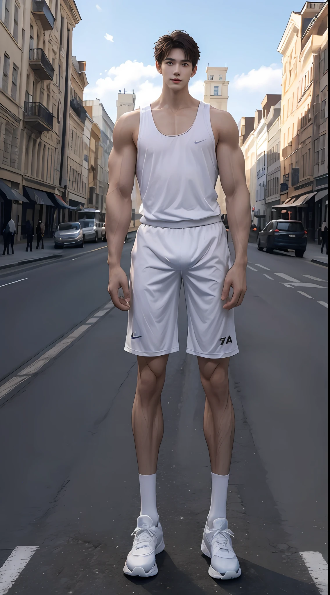 (((Best quality))),(((Ultra detailed))),(((Masterpiece))),(Cute tall Shota:2),The height of a volleyball player,Titan muscles,Bodybuilding champion,solo person,(full bodyesbian:3),(Stay away from the lens:3),Expose your legs,(revealing the whole body:2),(Frontal heads-up view:1.2),malefocus,(looking at viewert),18yr old,(Tall:3),(Tall guy:2),Super tall,(Height 300 cm:2),Excellent body proportions,muscular physique,(The shoulders are 2 times wider:2),Right shoulders,Large trapezius muscles,(Slender straight legs:2.5),Slender feet,small heads,musculous,(The face of the animated male protagonist),Pure face,(Very detailed beautiful face and eyes:2),(Big bright eyes:2),Sharp eyeliner,Clear and beautiful face,exhilarated,(Happy smile:3),short detailed hair,(Correct facial features),(tilts your head:1.5),(Men's sweatshirt:2),Long white socks,Nike board shoes,(Muscle firming:2),Strong,(Wide shoulders and narrow waist:3),Sports men's socks,Detailed muscle texture,Highlights muscle structure,Winter on the streets,(sitted:4),(full length shoot),ultra-realistic realism, (Photorealistic detail), Incredible accuracy, lifelike textures, masterful technique, Jaw-dropping precision, artistic dedication,(anatomy correct),Good lighting,exquisite detailing,Best quality,stunning masterpiece,CG,(Colored screen)