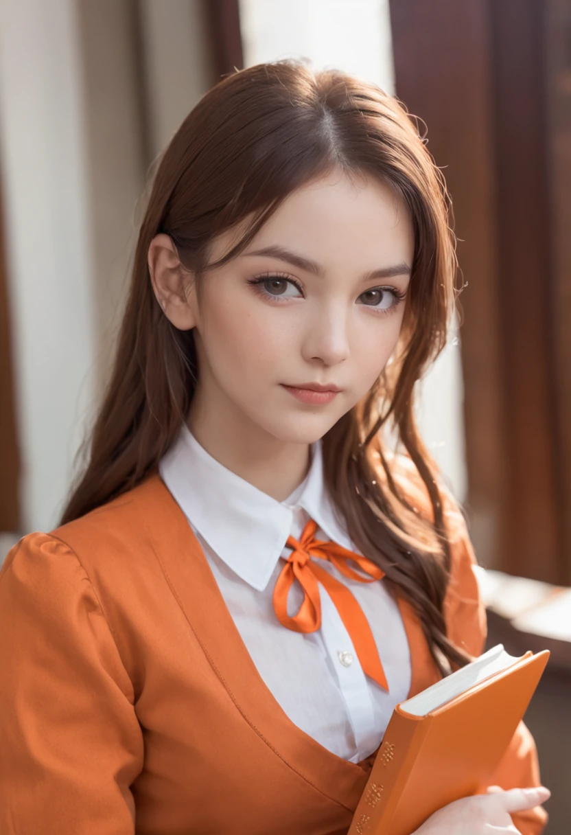 Wearing an orange school uniform，bit girl，elementary student，cute big breasts，elegant，Tied up with hair，Sit at your desk，looks into camera，book case，clean and uncluttered，White walls in the background，brightly，photore，closeup cleavage，Close-up above the chest，k hd。