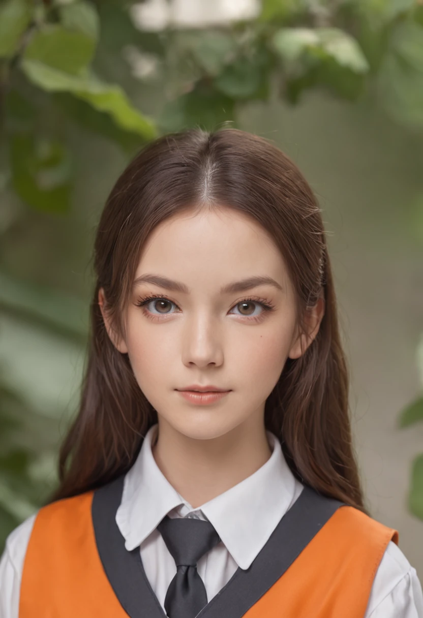 Wearing an orange school uniform,bit girl,,cute big breasts,elegant,Tied up with hair,Sit at your desk,looks into camera,book case,clean and uncluttered,White walls in the background,brightly,photore,closeup cleavage,Close-up above the chest,k hd。