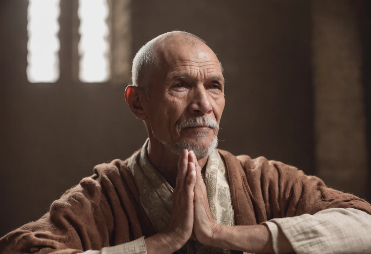 an image that represents the self-discipline and self-control for which Seneca is known. He is pictured meditating in an austere room, rodeado por poucas posses materiais. His posture is upright and concentrated, demonstrating your dedication to self-transformation. Acima dele, an inspiring quote from Seneca resonates: "No one can live well, if you don't know how to live with dignity"