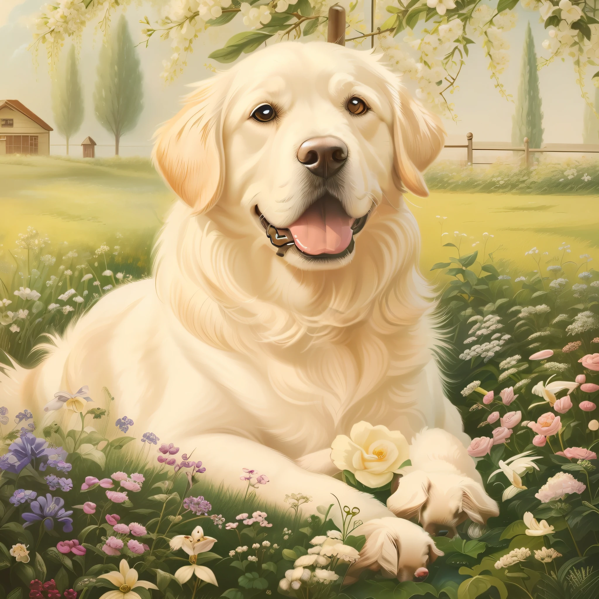 (top-quality:1.2)、(detaileds:1.2)、(masterpiece:1.2)、High Resolution White Golden Retriever、Very big eyes、large round eyes、beautidful eyes、Draw big eyes、very large black eyes、Double the size of the eyes、More eye-catching、Vintage dog illustration、Illustration of vintage plants、Generation of vintage garden backgrounds