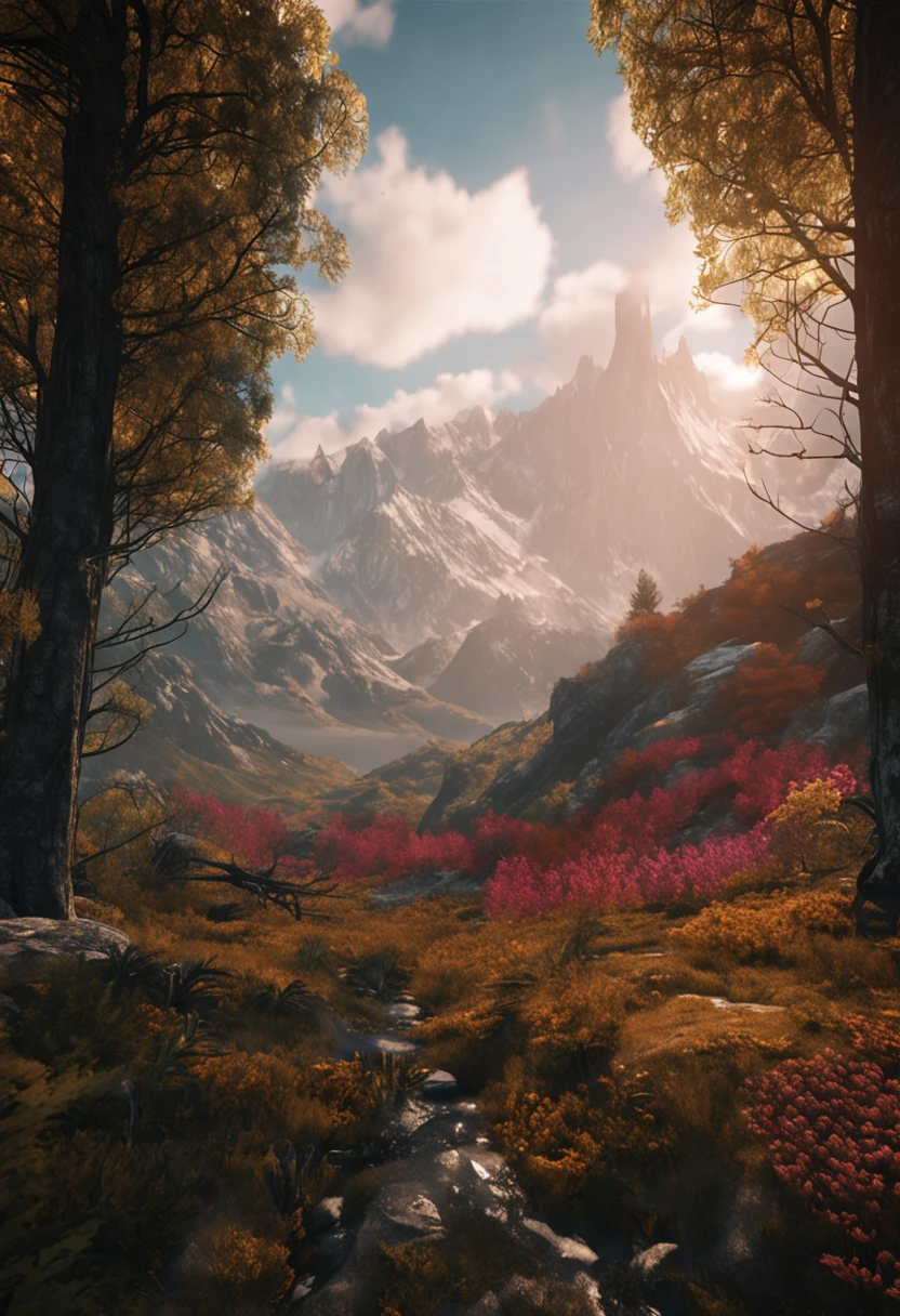 (Dark magic:1.2), (Grim:1.1) forest, A man stands in the Alps, (Intricate details), (ultra - detailed), 8k hdr, high detal, A lot of detail, High quality,dingdall effect (Colored:1.3)