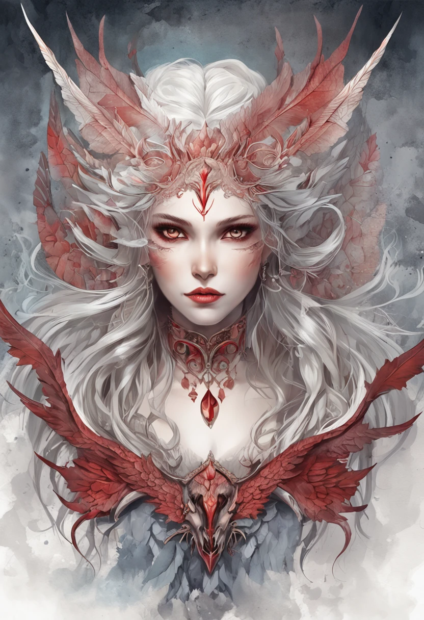 "Behold the red-winged female angel of crimson metal with white hair, Piercing crimson eyes, And pale skin standing in the twilight. Every detail of this mythical creature was captured with extreme quality, From the tattooed body to the very detailed face, All rendered in Ultra HD 8K digital art, providing exceptional precision and digital capabilities.. The dark lightning that surrounds this majestic presence adds to the sense of awe and wonder. This is not just a digital art portrait, Greg Rutkowski's conceptual art masterpiece, Also known as Artgerm, He is known for his highly detailed and complex Gothic art style. The use of triadic colors adds to the fantastical and surreal character of the work, The intricate details that make a true splash screen. Complementary colors and intricate details make this fantasy concept art gothic