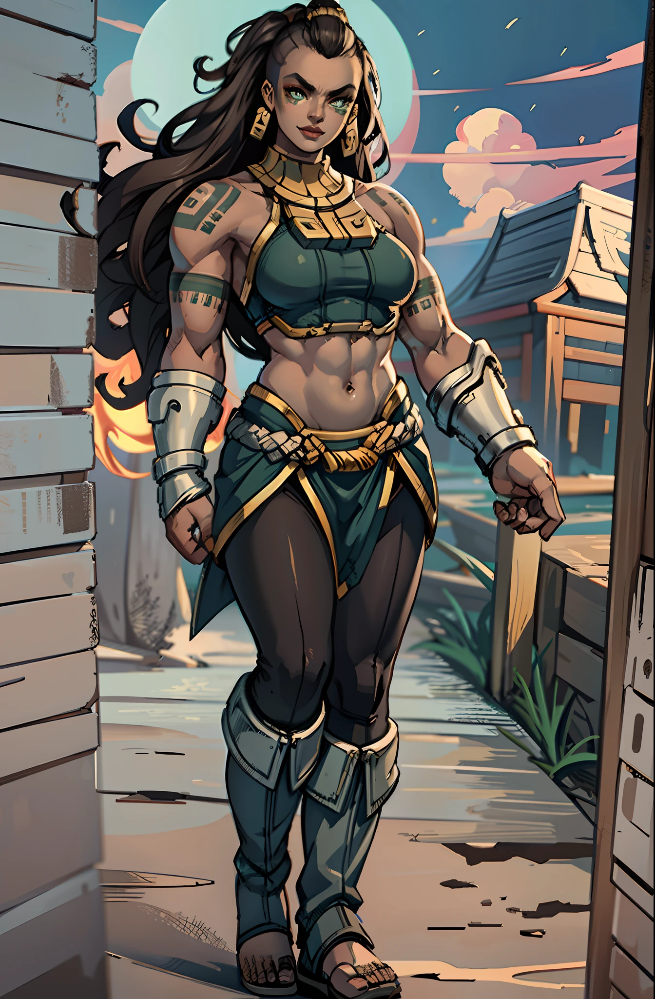 illaoi, 1girl, dark skin, long hair, muscular, solo, standing, detailed face, ultra detailed eyes, looking at viewer, cowboy shot, upper body, (masterpiece:1.2, best quality), flipflops,full body, crazy smile