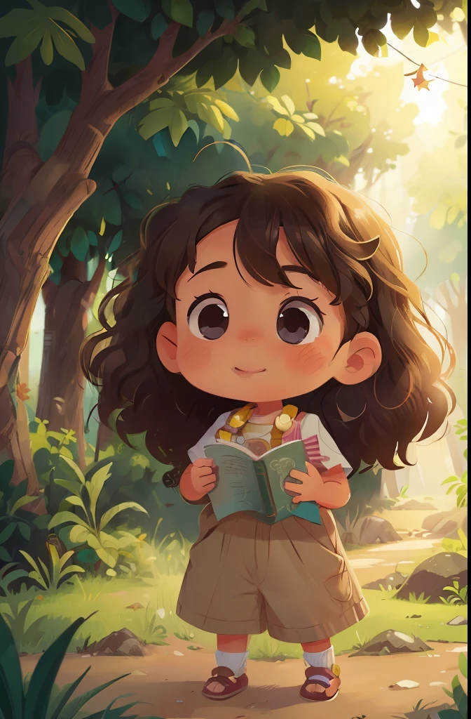 adorable with curly brown hair that falls to her shoulders in loose, unruly locks. His green eyes sparkle with curiosity and kindness, reflecting his friendly nature. His skin is dark, with golden tones that recall the richness of Indian landscapes. Her cheeks are slightly flushed by the hot Egyptian sun, little explorer in several different poses on white background illustration of a children’s book, simple, cute. A cartoony style.