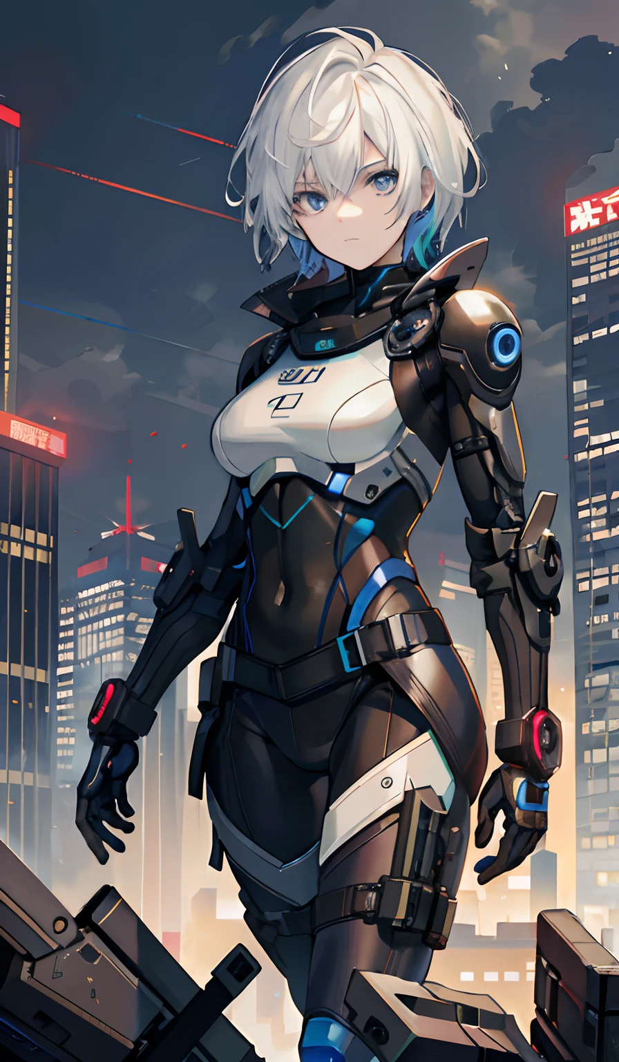 black hairband, cable, cable tail, cropped legs, cyborg, from behind, hair behind ear, hairband, looking back, mechanical arms, mechanical tail, science fiction, shoulder blades, solo, surprised, best quality, amazing quality, very aesthetic, absurdres, (masutepiece:1.2, Best Quality), [1 girl in, expressioness, (Turquoise eyes:1.3), front facing, jet-black hair, half short hair,straight hair, Jacket is taken off, Cafe Apron,] (Gray white background:1.3),