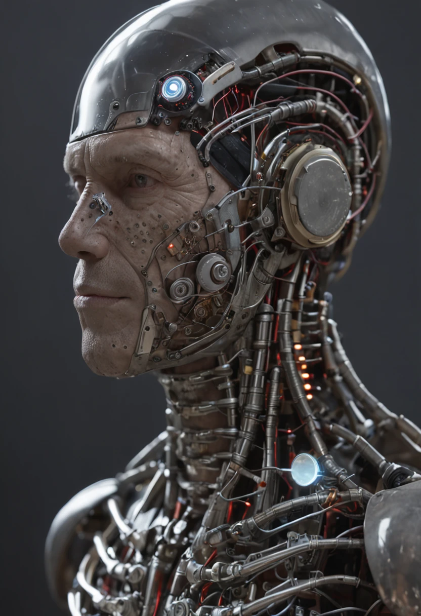 (((um homem))), master part, extremamente detalhado, melhor qualidade, With biomechanical suits, (metal skin with electronic circuits: 1.2), extremamente detalhado, intricate with lights and luminous electronic circuits, (como Dr. Gregory House:1.4). (8k, qualidade superior, melhor qualidade, obra-prima, altamente detalhado: 1.2), (de meio corpo:1.3)