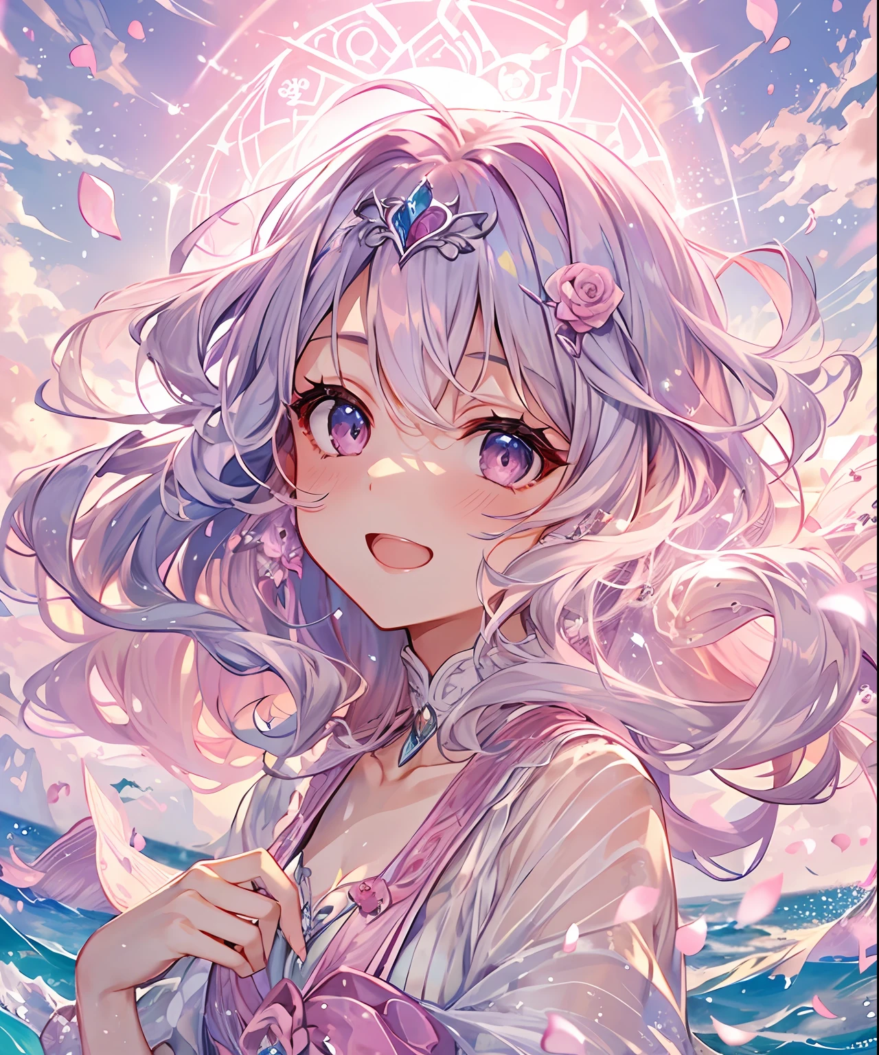 (((​masterpiece)))、(((top-quality)))、((ultra-detailliert))、(illustratio)、((extremely delicate and beautiful))、、Bright smile、floating、Light purple hair、(Detailed light) (1girl in)、、独奏、The long-haired、The wind is blowing、A WORLD、（cute eye）、Pink moon、Pink sky、Soft pink clouds、Pink ocean waves sparkle、glinting、Pink roses of the sea of pink、Fantasia、Diamonds、diadems、kosmos、Soft light、