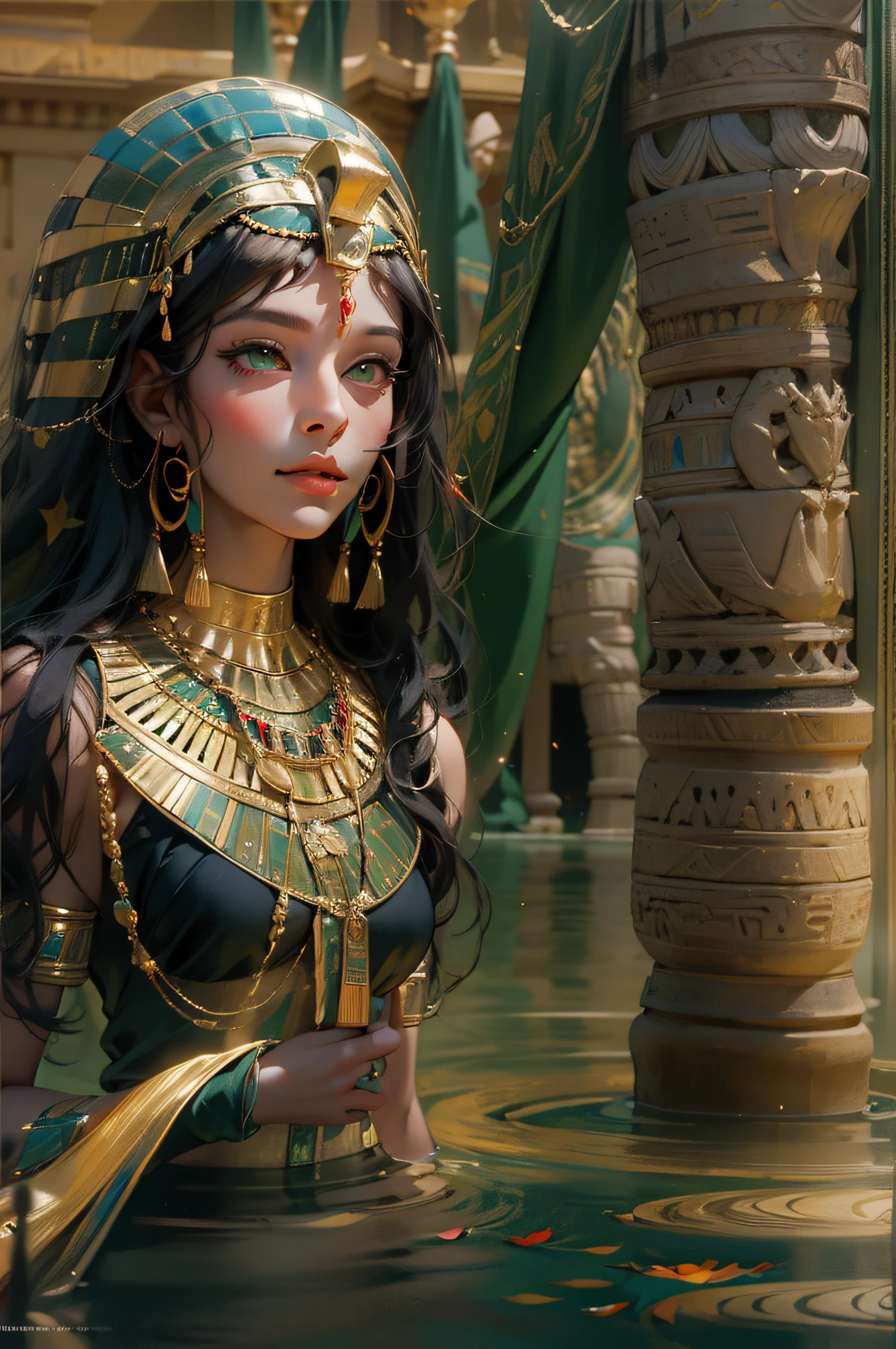 1girl,Egyptian traditional wigs,Egyptian attire,Egyptian dress-up,queen of Egypt,goddes,Emerald eyes,Delicate eyeliner,beauitful face,Stand by the lotus pond,Meticulous CG,Movie images,Egyptian sun god,skin is smooth and fair,super high image quality,Egyptian eyeliner,,Egyptian wigs,Enchanted smile,Lotus pond,Inspired by Cleopatra,Cobra headdress