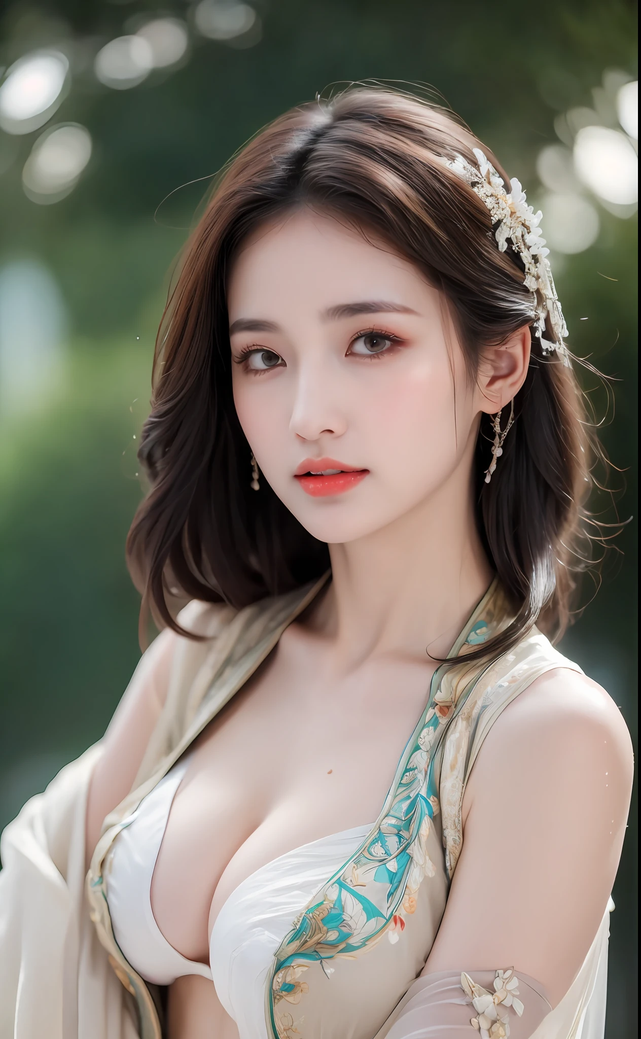 ((Best Quality, 8k, Masterpiece: 1.3)), Focus: 1.2, Perfect Body Beauty: 1.4, Buttocks: 1.2, ((Layered Haircut)), (Wet Clothes: 1.1), (Rain, Street:1.3), (Breasts: 1.2), (Hanfu: 1.2), Bare Shoulders, Bare Legs, Highly Detailed Face and Skin Texture, Fine Eyes, Double Eyelids, Whitened Skin, Long Hair, (Shut Up: 1.5), (Bokeh Background: 1.5), Big Breasts