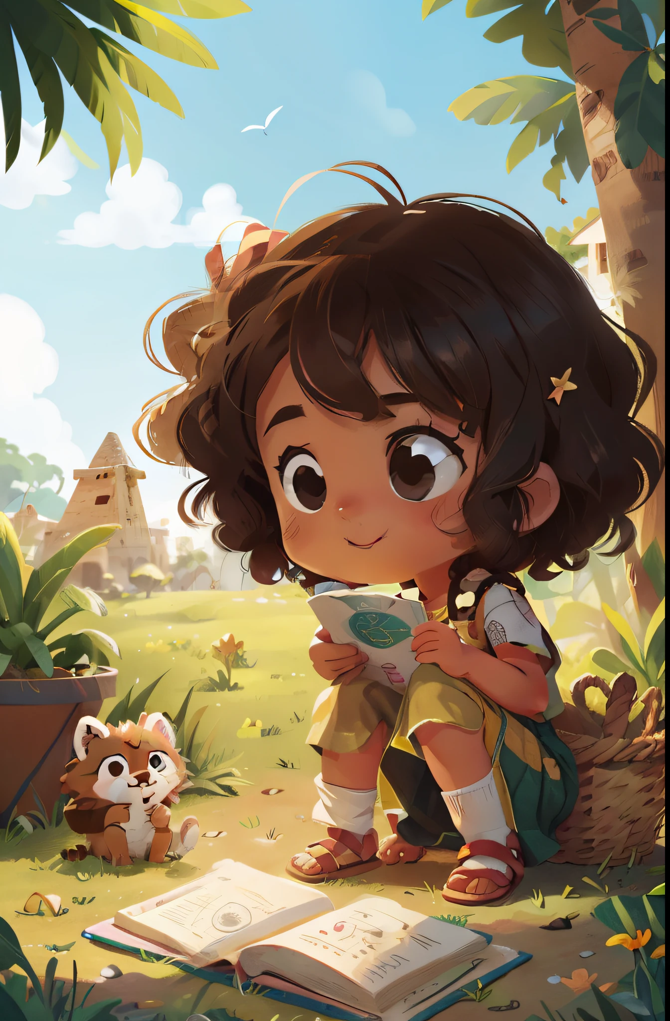 Adorable girl with curly brown hair that falls to her shoulders in loose, fechaduras indisciplinadas. Seus olhos verdes brilham de curiosidade e bondade, reflecting their friendly nature. Your skin is dark, com tons dourados que lembram a riqueza das paisagens indianas. His cheeks are slightly flushed by the hot Egyptian sun, Small explorer in several different poses in white background illustration of a children's book, simples, fofo. Um estilo cartoon.