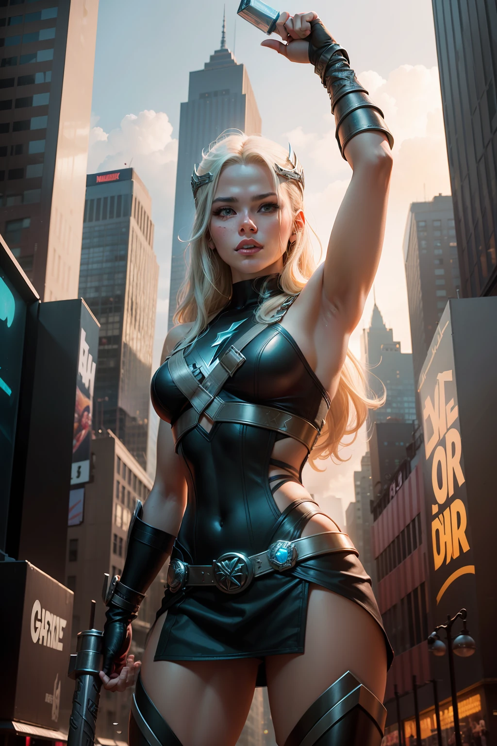 Young superhero, ite, nude body, naked young girl, costume torn to shreds, tiny perky breasts showing, exposed crotch, long wavy blonde hair, battle pose, public city