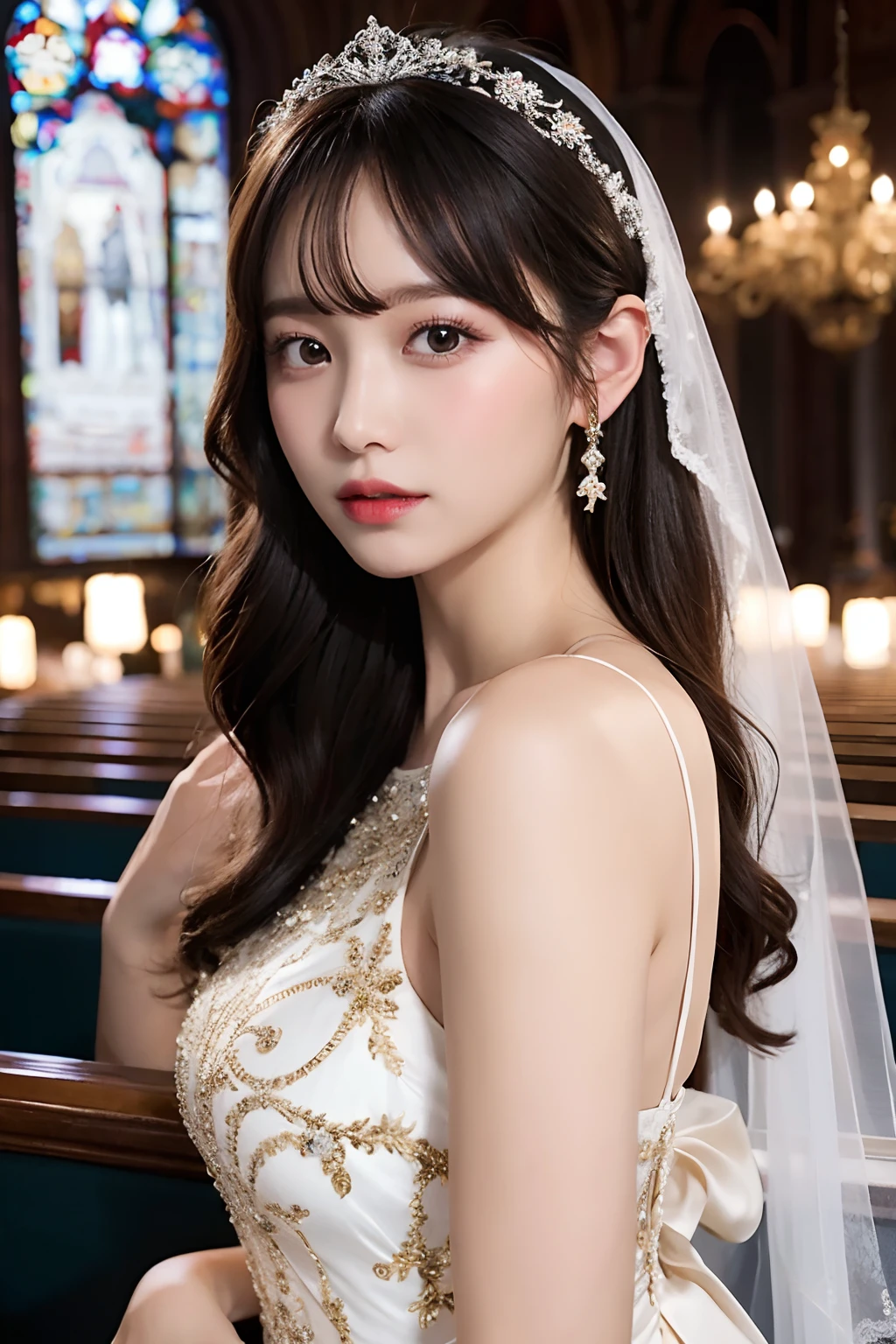 Photograph of the woman herself, one young girl, double eyelids, (big: 1.2), sexy bride, (pure white wedding dress, wedding veil)), (deep slit: 1.2), (smile: 1.1), off-shoulder, (in church)), cleavage cutout, (looking through legs), (sideboob), ( portrait)、(french braid)、(close to viewer)、(strong light)