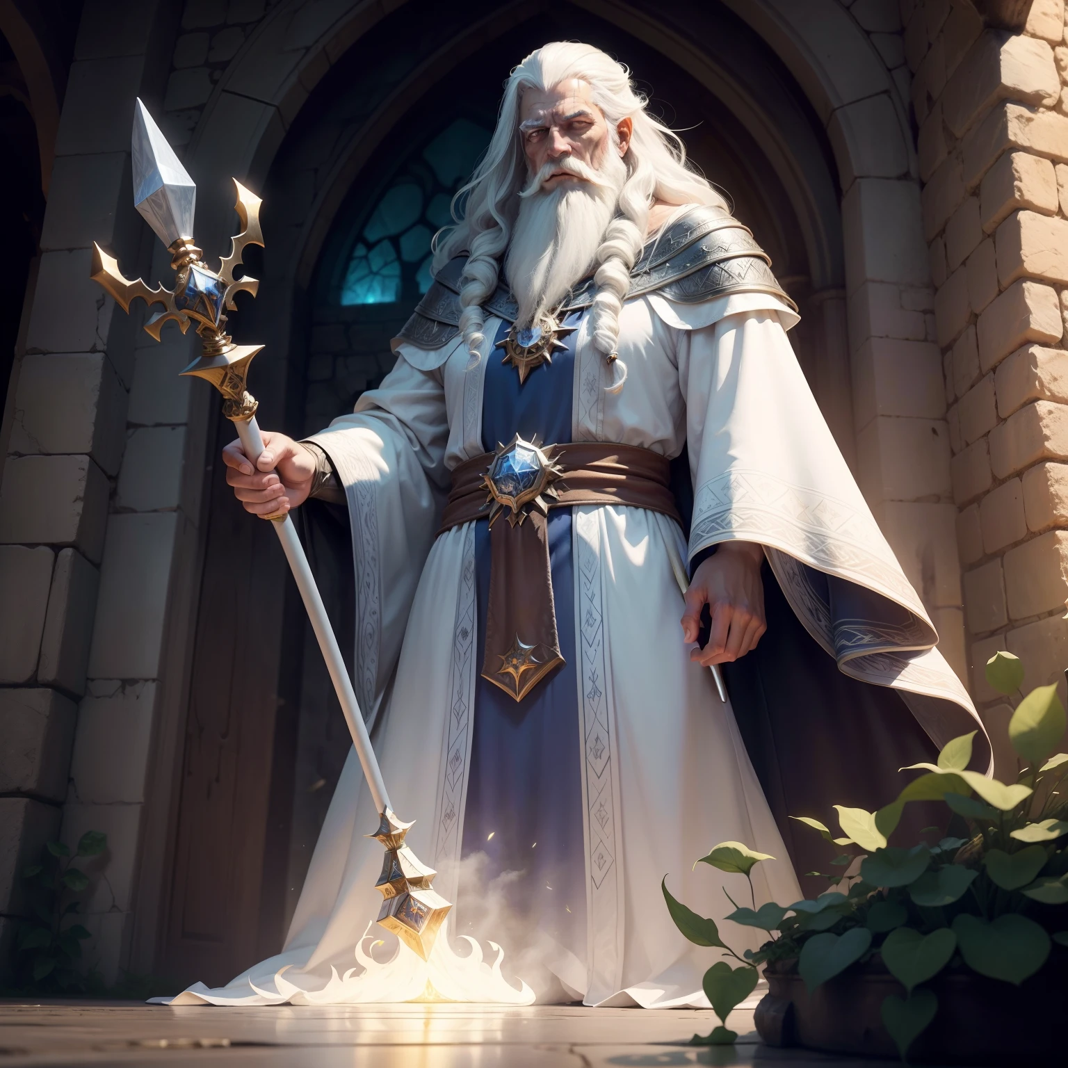 A wizard standing in a castle tower costing a powerful spell, The wizard has long white hair and a long white beard, The wizard has white robes, the wizard has a white staff with a glowing jewel on top, The wizard is protecting the castle from an evil threat.