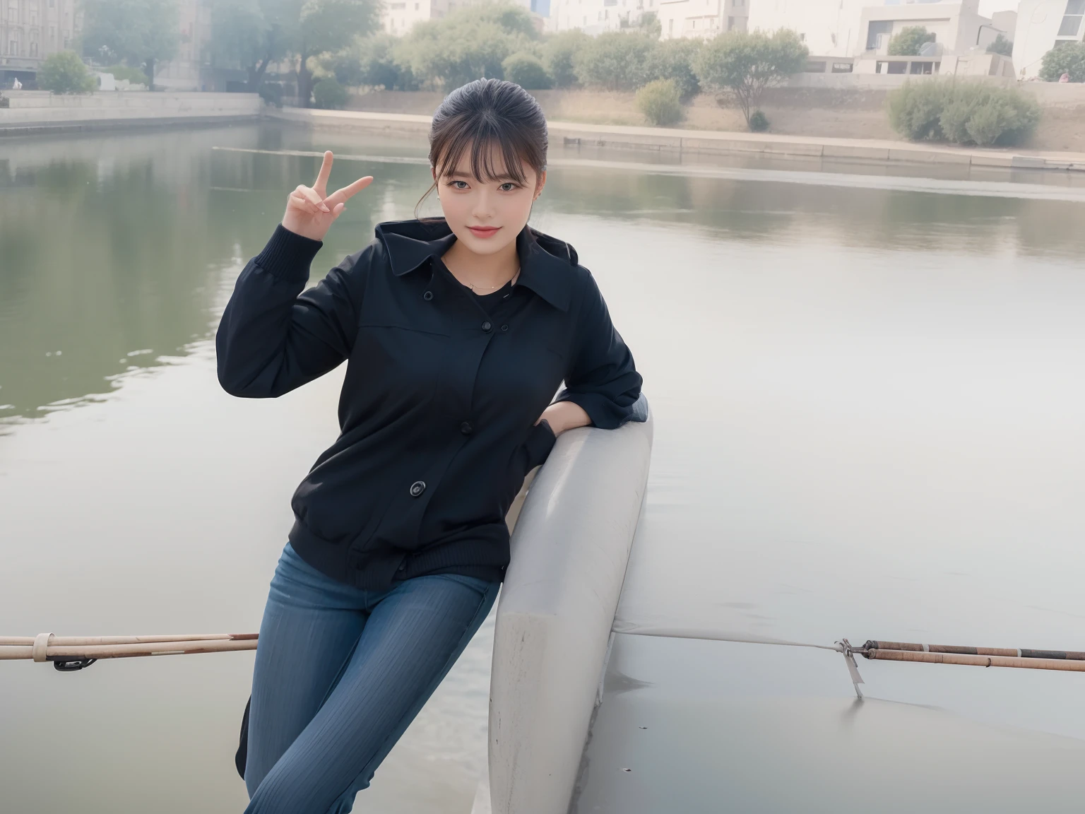 High quality,1 beautiful woman,Sit by the river and take pictures