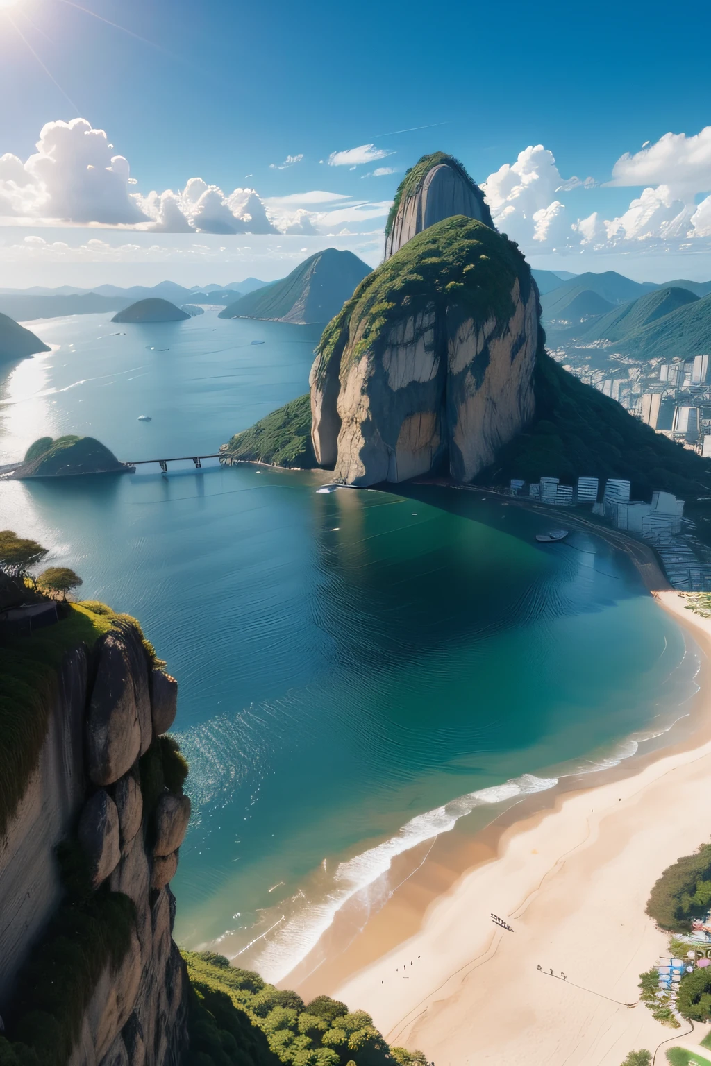 sem humanos, scenecy, ponto de fuga, de baixo, obra-prima, melhor qualidade, 8k, absurdres, water surface, 夏天, meio-dia, luz solar, blue skies, perspectiva, profundidade de campo, highres, detalhes finos, ultra-detalhado, foco nítido, Sugar Loaf and Morro da Urca in the background