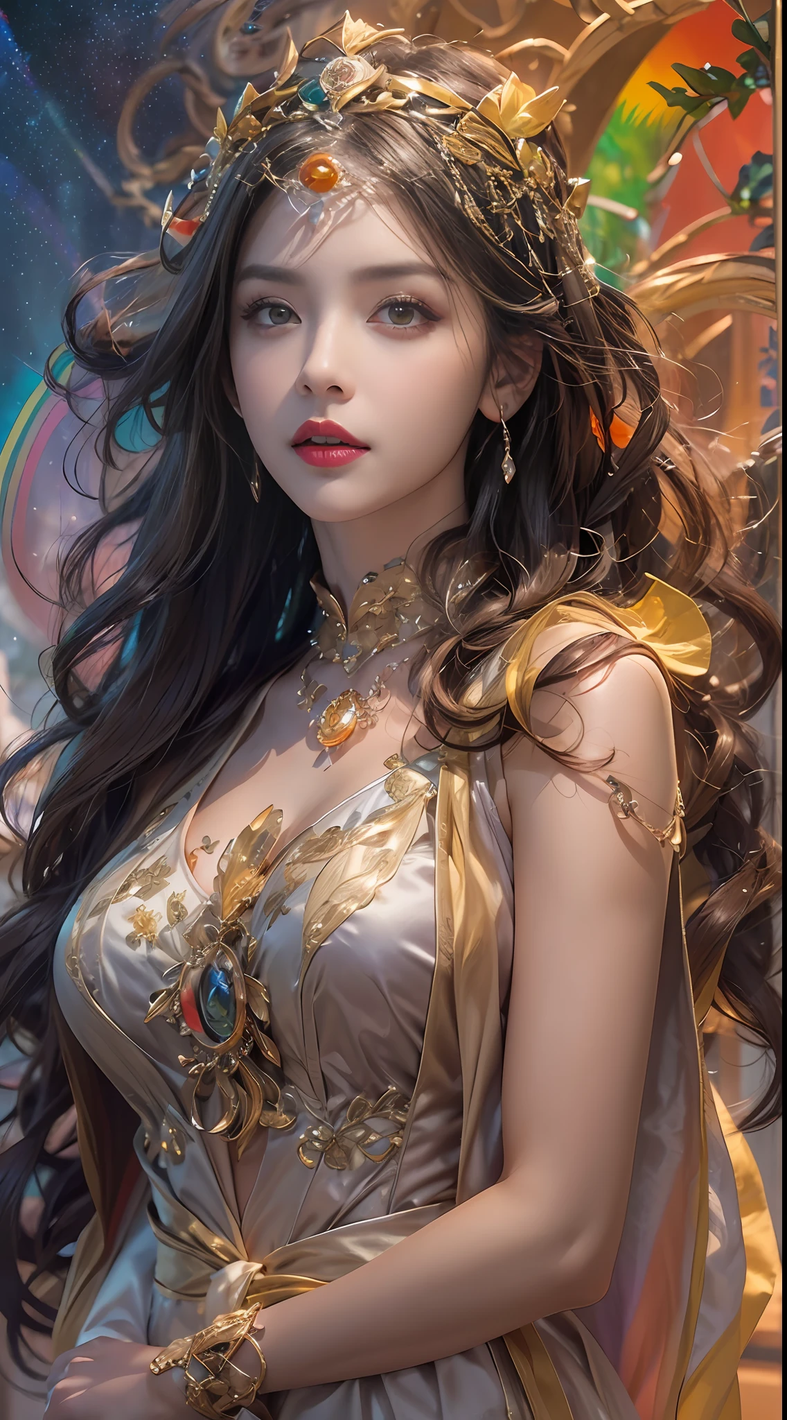 a digital portrait painting of a beautiful Greek goddess in white robe dress and smoke gold floats around, a hyperrealistic painting, figurative art, in gold paint, gold smoke, character is floats around in smoke, fantasy art ,elegance pose, medium long shot, lighting clear and soft effect , white background