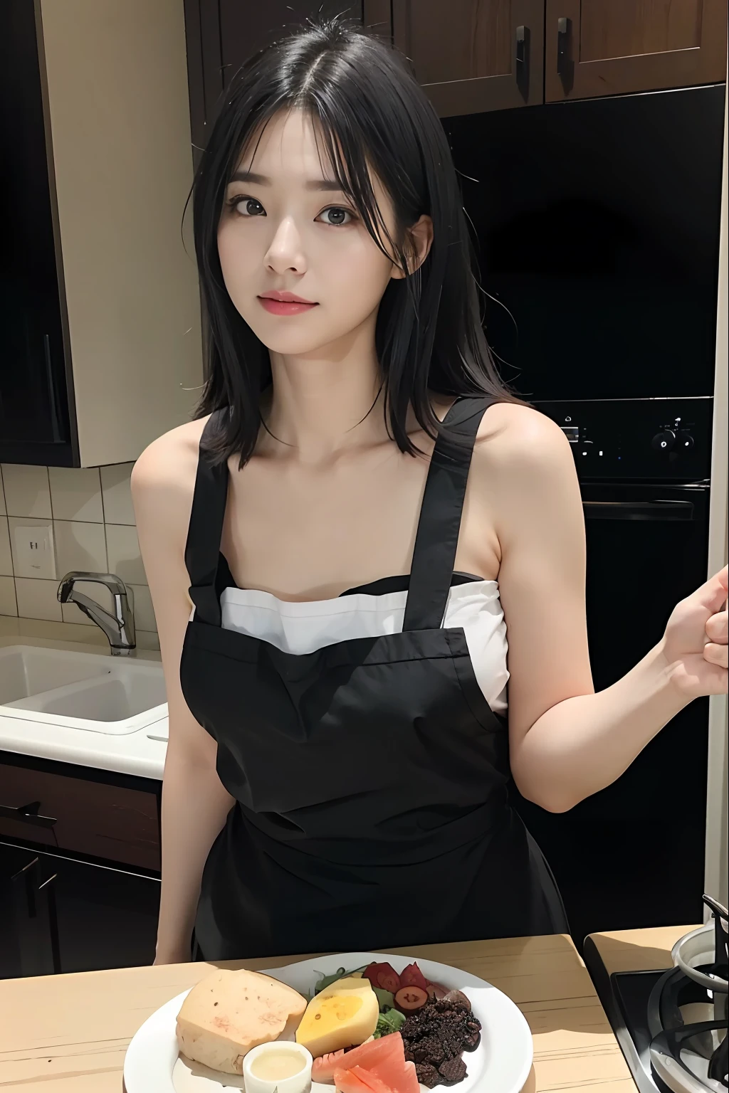 top-quality、超A high resolution、(Photorealsitic:1.5)、1 Middle-aged woman、aprons、(Black color hair:1.2)、(nedium breasts:1.0)、kitchens、Not looking at the camera，Candid perspective