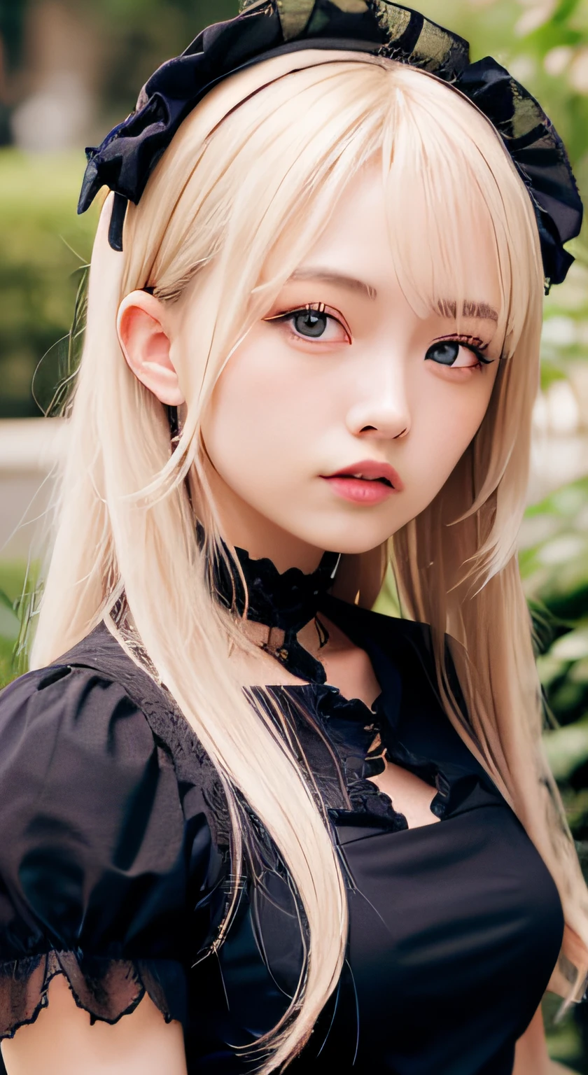 (masutepiece, Best Quality:1.2), 8K, 85 mm, Official art, Raw photo, absurderes, Platinum Blonde Hair, (Blue eyes, Lolita Fashion, sweetlolita, Gothic, Dress:1.2), Idol face, full bodyesbian, Beautiful Girl, gardeniass, Copenhagen, Short sleeve, Elegance, Sophisticated, gardenia, Looking at Viewer, Film grain, chromatic abberation, Sharp Focus, face lights, Dynamic lighting, Cinematic lighting, Detailed face, Bokeh background