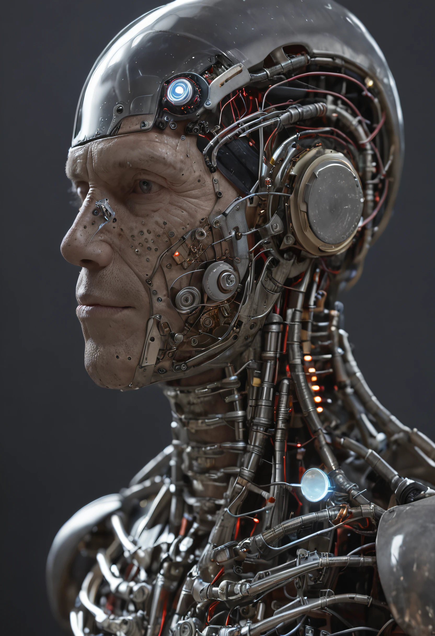 (((um homem))), master part, extremamente detalhado, melhor qualidade, With biomechanical suits, (metal skin with electronic circuits: 1.2), extremamente detalhado, intricate with lights and luminous electronic circuits, (como Dr. Gregory House:1.4). (8k, qualidade superior, melhor qualidade, obra-prima, altamente detalhado: 1.2), (de meio corpo:1.3)