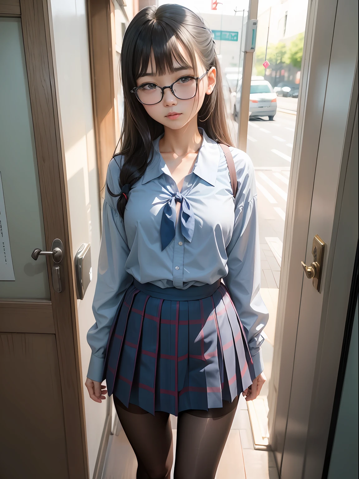 (8K、Raw photography、top-quality、masterpiece:1.2),watching at viewers,Looking at the front,long pony tail,Bullish,Muchimuchi,Erotic,Pupils,Light Blue Bra,de pele branca,kne,(Black pantyhose),absurderes,a small face,small tits,flat breast,Parting the bangs from the middle、Forehead visible,(Tight eyes,glares,Bullish,skinny,Rasping,irate)、masterpiece,top-quality、超A high resolution,Raw photo,ren,Beautiful fece,One Person, 独奏,eye glass,,Small breasts,fullllbody,Round glasses、cute little、Back to Student,JK school uniform,hi-school girl,A Japanese Lady,is standing,(Photorealsitic:1.37)、Photon mapping,Realistic、Cute little face,Brown-eyed、Black socks,Radio City、Physically Based Rendering、Foreground、depth of fields、Blurry background、a picture,The girls、Body,beauty legs, Long legs, Thin leg,Tie your hair into one strand on your chest,(Bangs are visible), hair, s lips, Blue_The eye, nosesoft,(Light blue shirt), (Navy and blue and white plaid pleated skirt), Knees are visible,Sheer clothing,, Thigh, Black cotton socks,Nogizaka Idol, 女優, Japanese ido