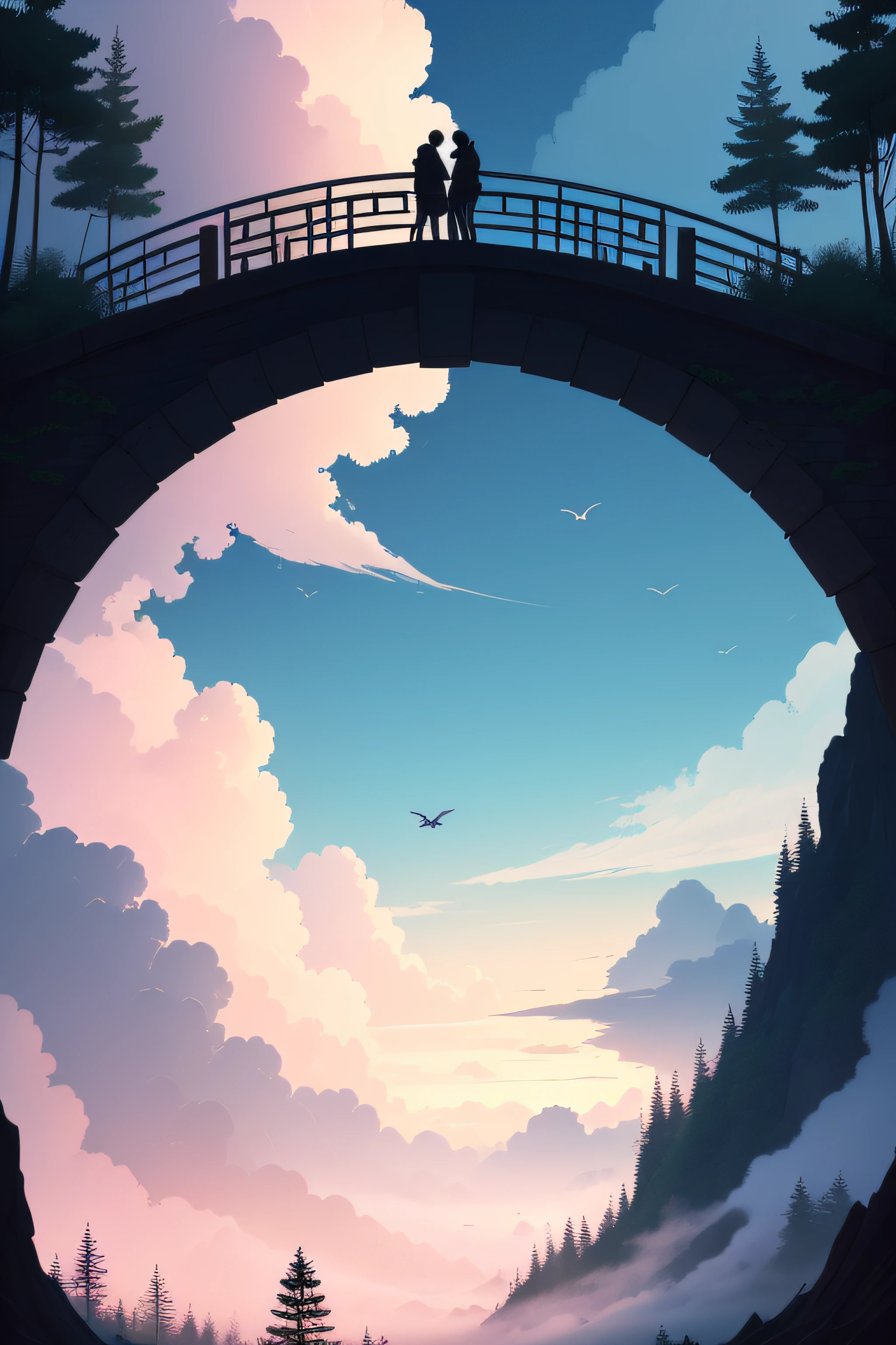 A wooden arch bridge in a sea of clouds，Silhouettes of male and female couples，At the bridge，Magpies fly around，pink hues，China-style，Graphic design，Large wide angle