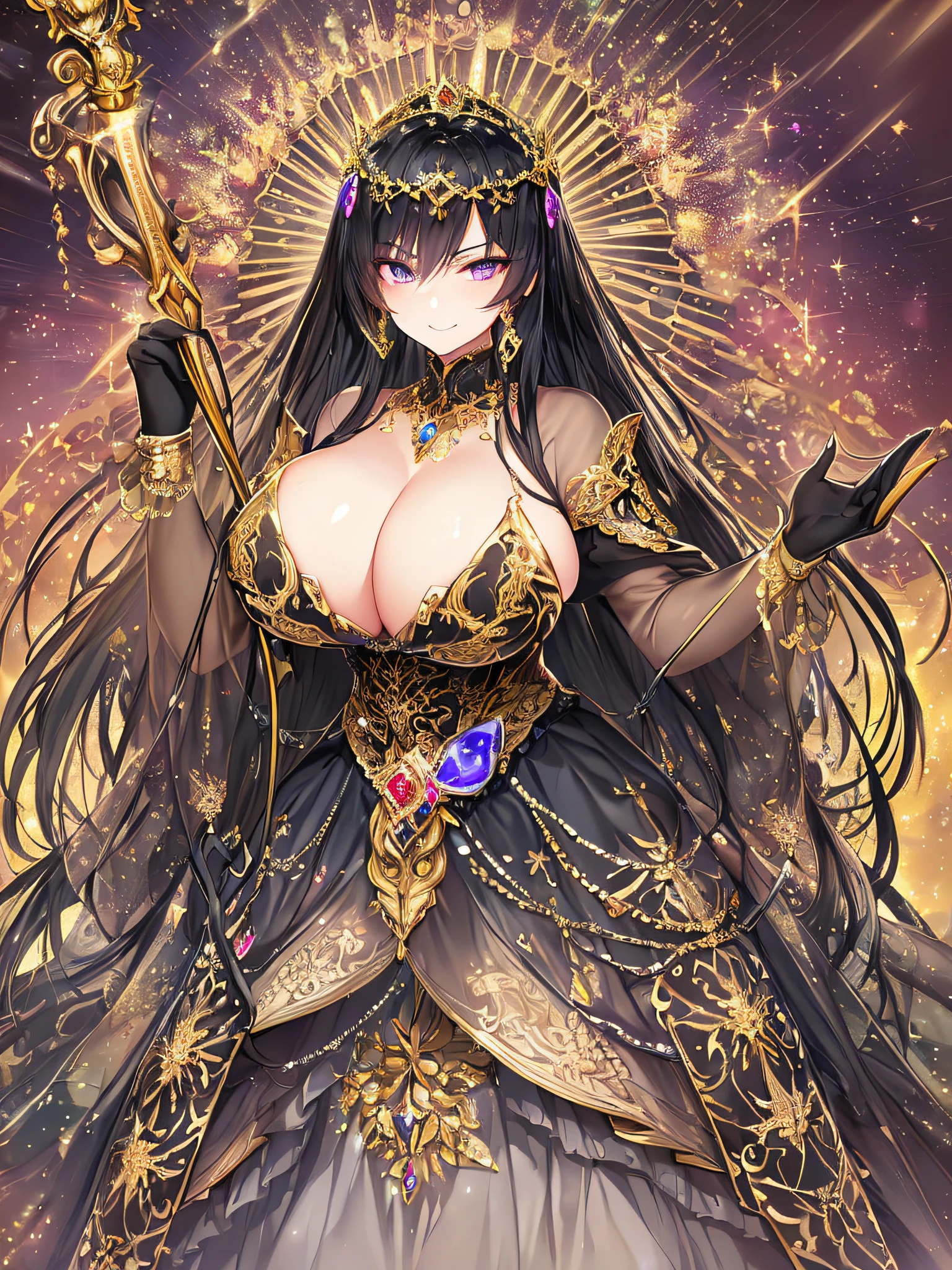 ((anime artstyle)),(Masterpiece),(Best Quality),(Super Detail),(Very Delicate and Beautiful),Solo,((full body)),((BlingBling)),((1 arrogant princess in beautiful embroidery black and gold gorgeous rococo ballgown with voluminous full length hoop skirt)),((crinoline)),gorgeousfull embroidery,Long train((arrogant,haughty)),(((arrogant smile))),Sharp eyes,(holding a luxurious scepter),((gorgeous gemstone jewelry)),detailed face and eyes,jewel-like eyes,Purple eyes,(Bangs between eyes),((large amount of straight hair,extremely Long voluminous black Hair)),((gigantic tits,Long tits)),gorgeousfull embroidery,cleavage,extremely gorgeousfull hair ornament,(bling-bling extremely gorgeousfull jeweled tiara),gorgeous corsage,(Dynamic Angle),Looking at viewer,((full body)),((beautiful embroidery and glitter jeweled black and gold gorgeous rococo ballgown with voluminous full length hoop skirt))