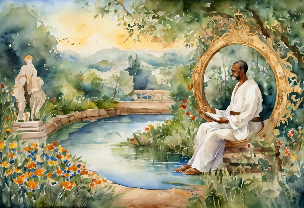 an image depicting Seneca in a peaceful garden, surrounded by antique mirrors. He is looking at his own reflection, symbolizing the importance of self-knowledge and self-evaluation in Stoic philosophy. Each mirror represents a different facet of your personality and knowledge. The scene evokes the idea that looking inside yourself is the first step towards achieving inner peace.