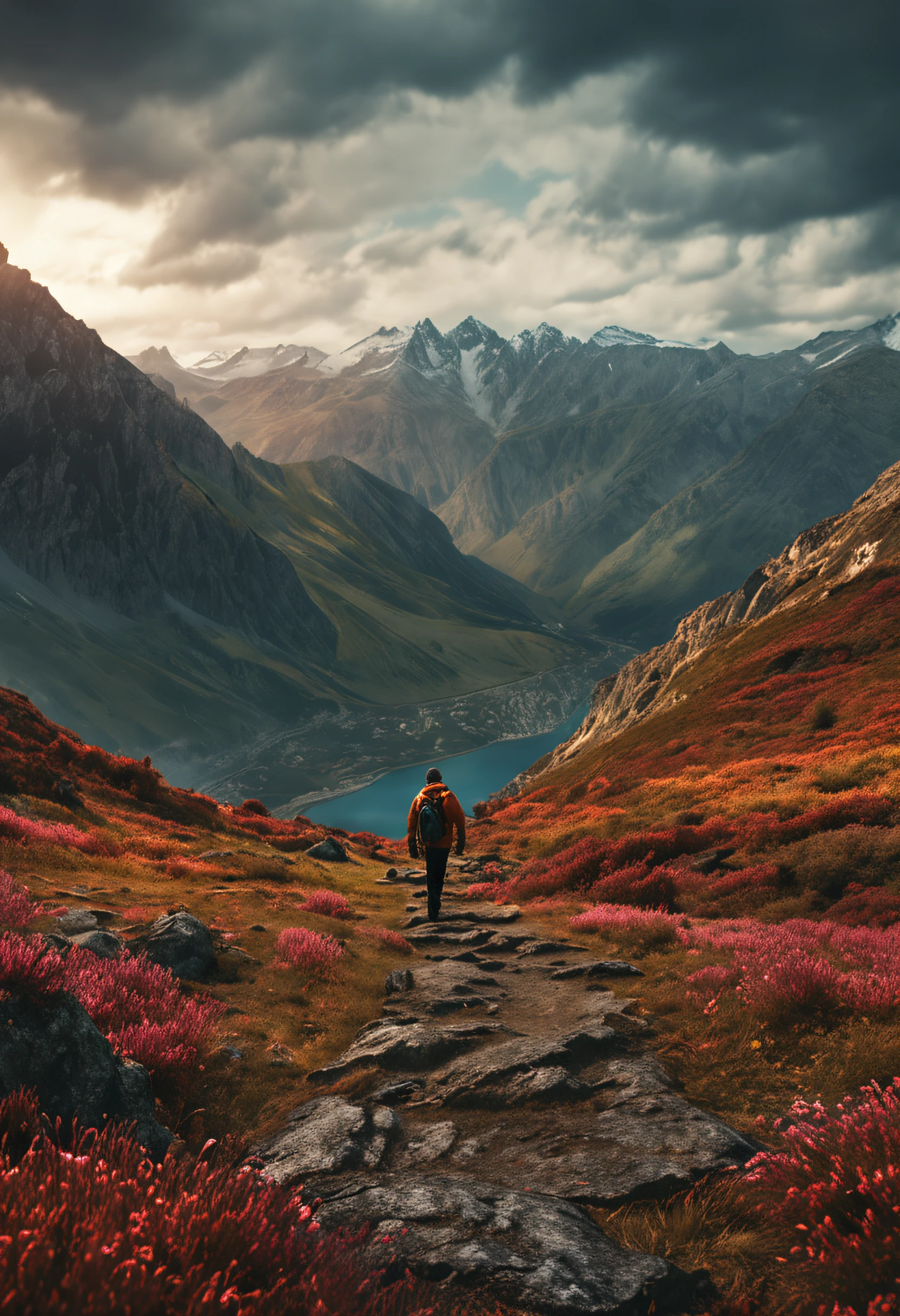 (Dark magic:1.2), (Grim:1.1) forest, A man stands in the Alps, (Intricate details), (ultra - detailed), 8k hdr, high detal, A lot of detail, High quality,dingdall effect (Colored:1.3)