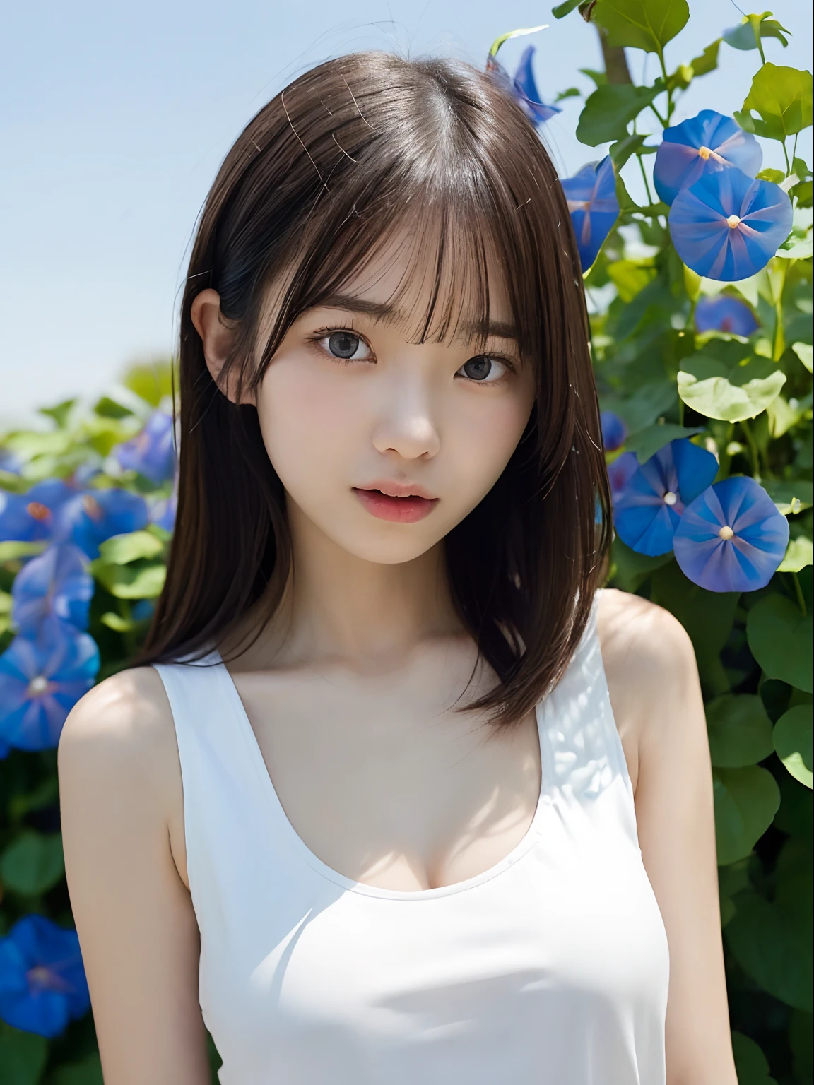 (Close up portrait of girl wearing white tank top with slender small breasts with twin-tailed hair:1.5)、(One girl sticks out her tongue at morning glory flowers:1.5)、(Blue Sky Park:1.3)、(tre anatomically correct:1.3)、(complete hands:1.3)、(complete fingers:1.3)、(cleavage of the breast)、Photorealsitic、Raw photography、masutepiece、top-quality、Hi-Res、delicate and pretty、face perfect、Beautiful detailed eyes、Fair skin、Real Human Skin、pores、((thin legs))、(Dark hair)