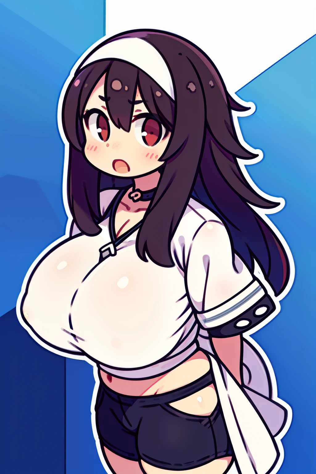 girl, side portrait, Black and white, Messy short hair, Avant-garde accessories,sporty style, Casual T-shirt, (Confident gaze), Monochromatic color scheme, looks to the side, Chic street fashion,((One guy)),(Long hair),Hood on his head, Head and neck shawl fabric,blush,huge-breasted,Cheerful