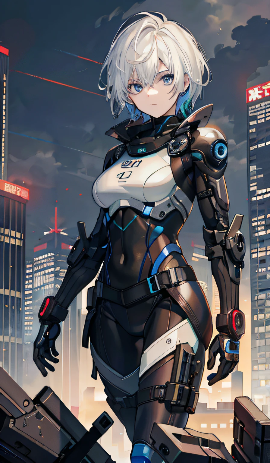 Anime girl standing on roof in futuristic suit,The background is a city, cyberpunk anime girl mech, girl in mecha cyber armor, Best anime 4k konachan wallpaper, Digital cyberpunk anime art, female cyberpunk anime girl, cyberpunk anime girl, perfect android girl, cyber suit, anime cyberpunk art, Cute cyborg girl, perfect anime cyborg woman, android heroine