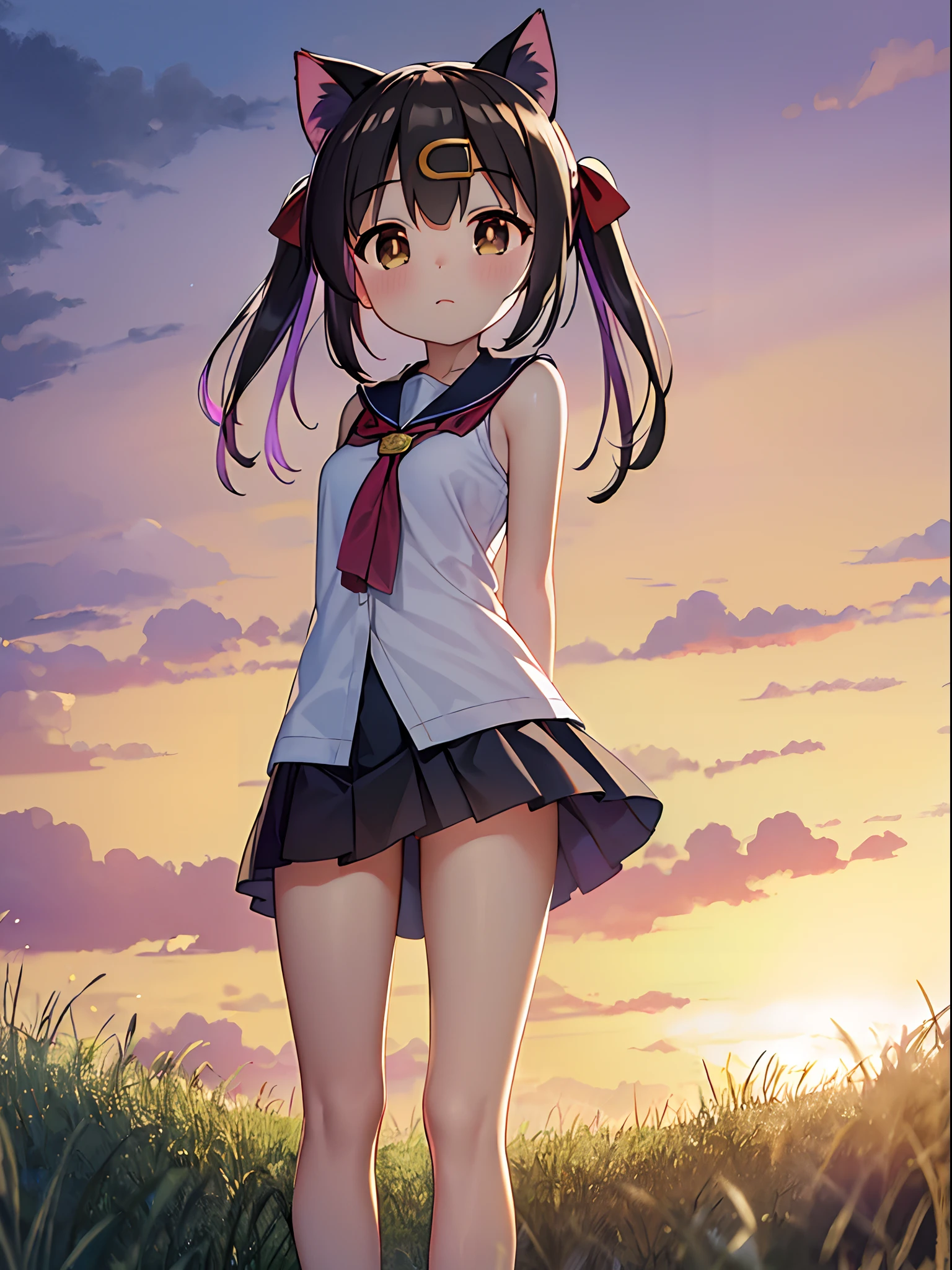 Masterpiece,Best quality,offcial art,Extremely detailed Cg Unity 8K wallpaper, on a grassy field, Beautiful detailed sky, incredibly_absurderes, 1girll, Brown eyes, Medium breasts, sailor suite, Bare legs, arms back behind ,Pink cat ears,(oyamamihari),yokozuwari,Dusk,Sunset,Close up,loli