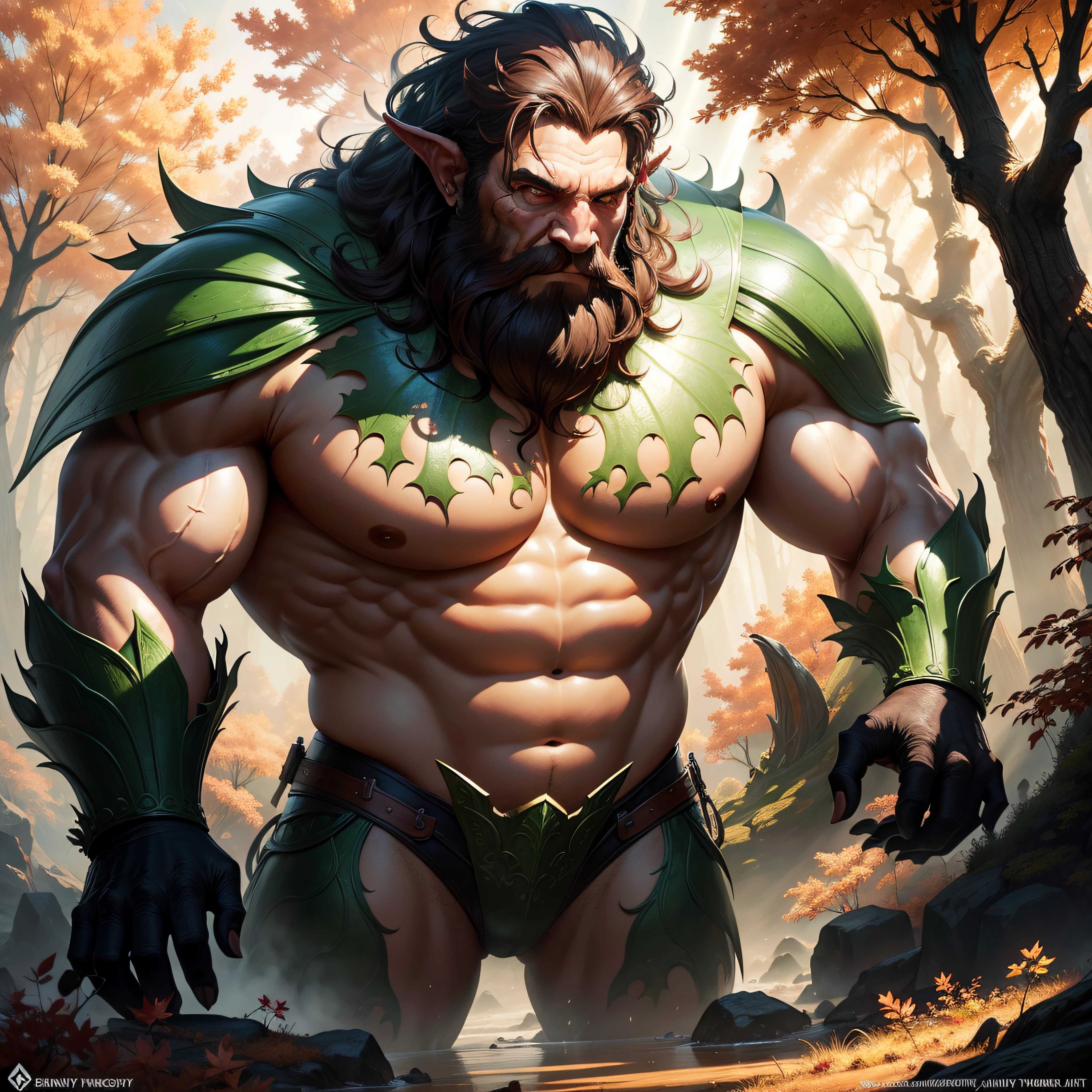 "fantasy giant creature in an autumn landscape, with vibrant leaves scattered around, bathed in warm afternoon light, revealing mesmerizing light rays, depicted in an epic fantasy digital art style."