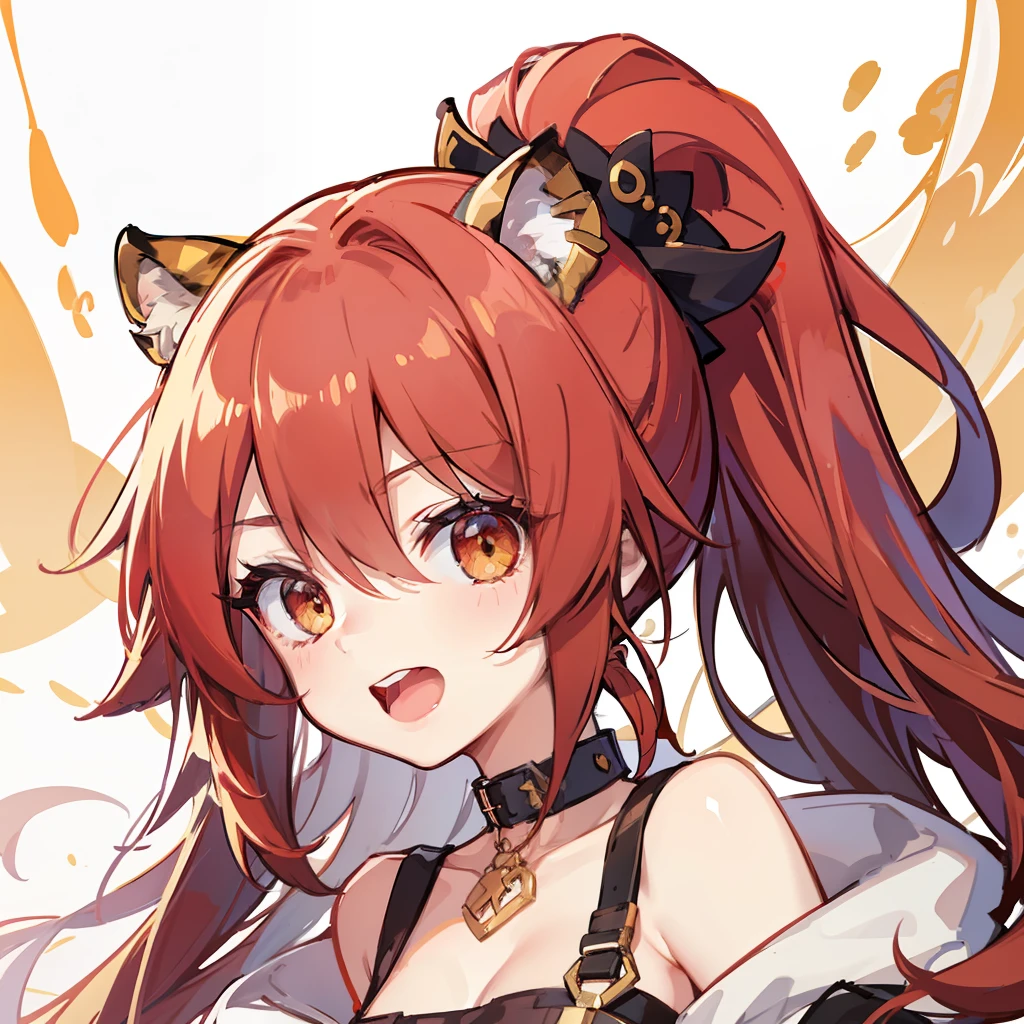 Red high ponytail，Black-red punk jack，1girll，火焰，（Golden eyes），Collar，Tiger Tooth，Open your mouth and laugh evilly