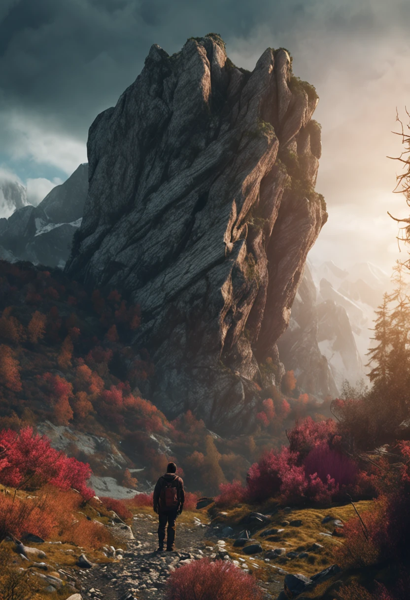(Dark magic:1.2), (Grim:1.1) forest, A man stands in the Alps, (Intricate details), (ultra - detailed), 8k hdr, high detal, A lot of detail, High quality,Dingdall effect (Colored:1.3)