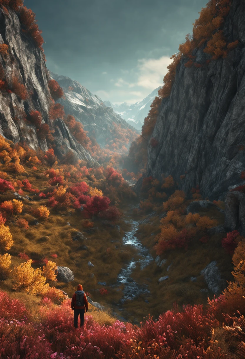 (Dark magic:1.2), (Grim:1.1) forest, A man stands in the Alps, (Intricate details), (ultra - detailed), 8k hdr, high detal, A lot of detail, High quality,Dingdall effect (Colored:1.3)