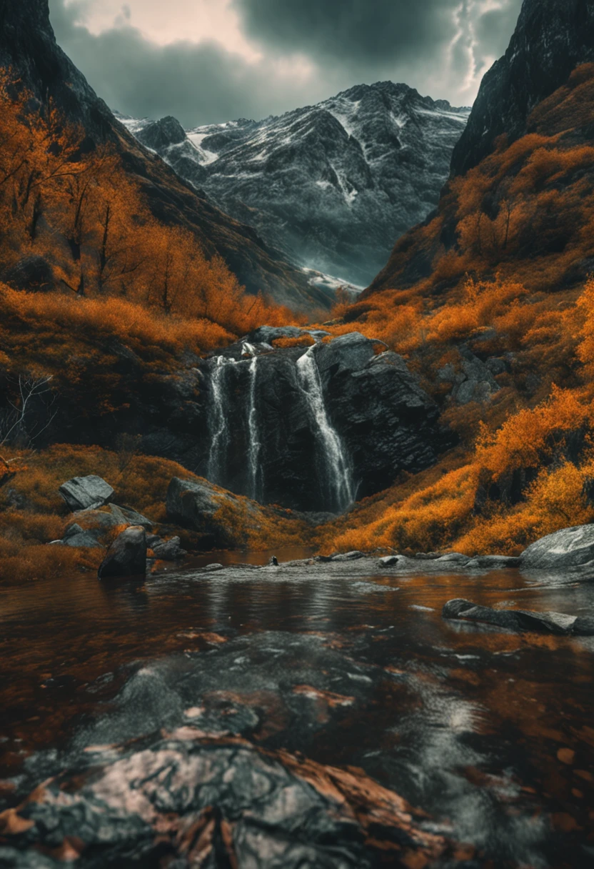 (Dark magic:1.2), (Grim:1.1) forest, A man stands in the Alps, (Intricate details), (ultra - detailed), 8k hdr, high detal, A lot of detail, High quality,Dingdall effect (Colored:1.3)