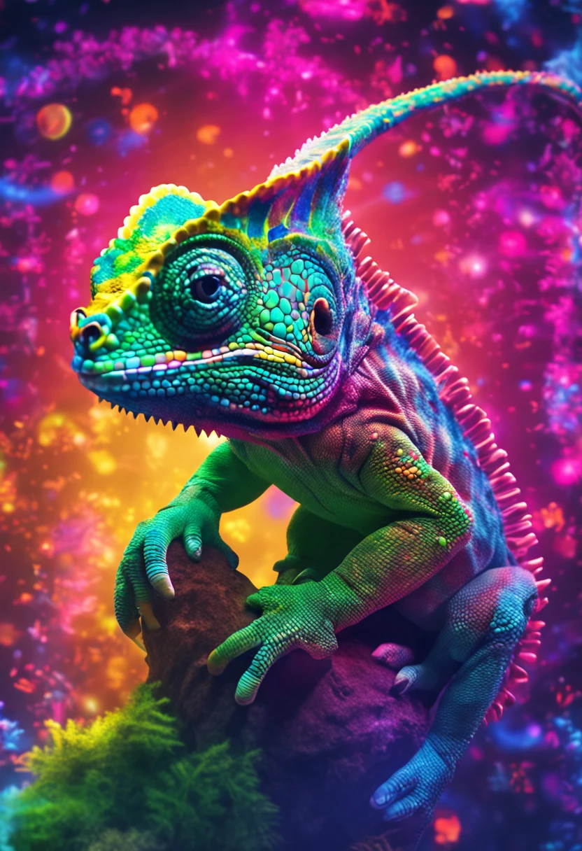 Create a chameleon showing positive to the camera with a psychedelic background containing a castle, 8k