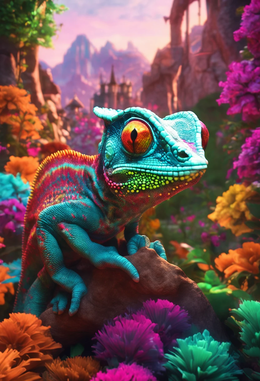 Create a chameleon showing positive to the camera with a psychedelic background containing a castle, 8k