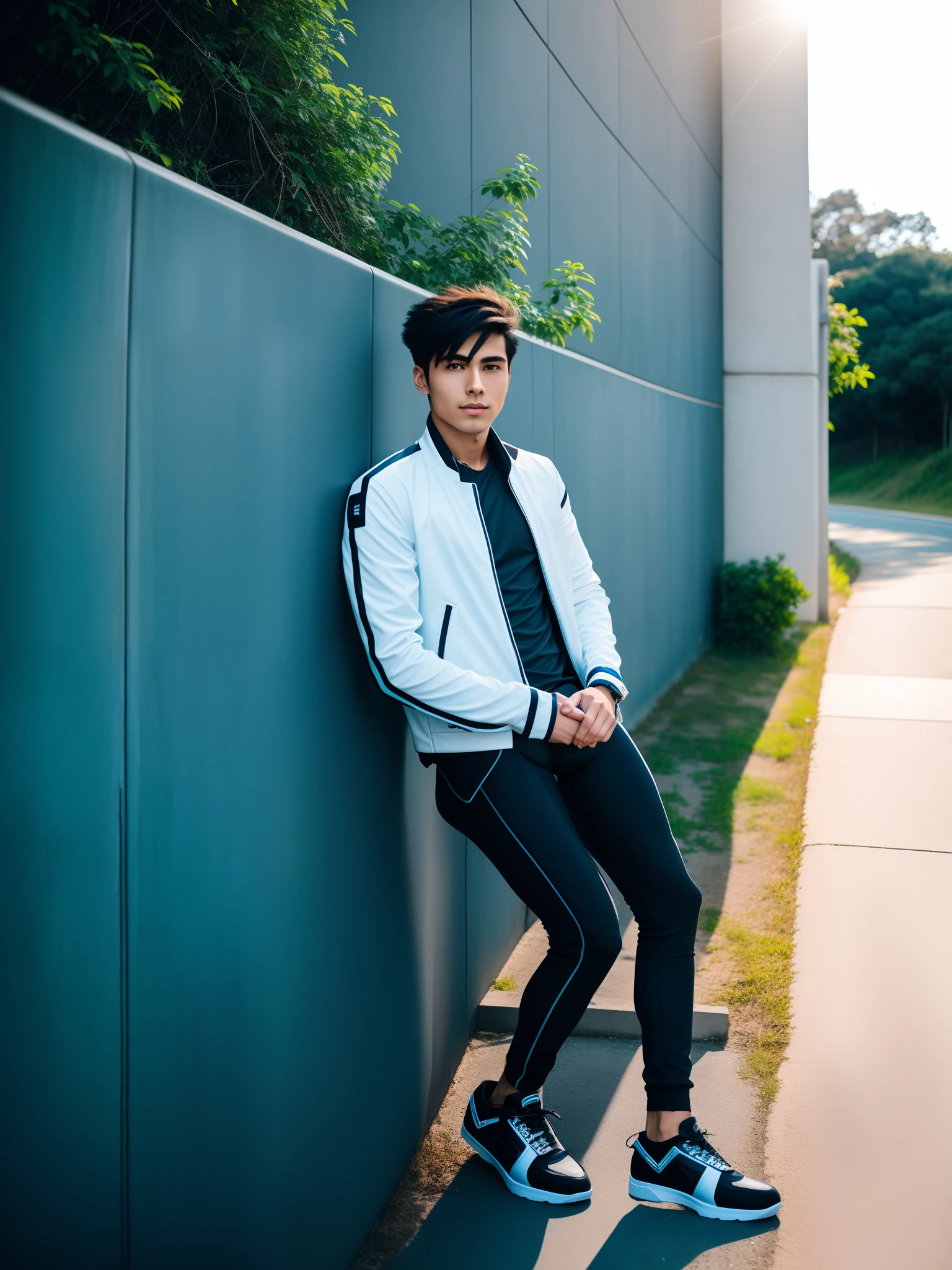 Anime boy with sharp jawline leaning against a wall with his bike near road footpath in futuristic place in a stylish pose